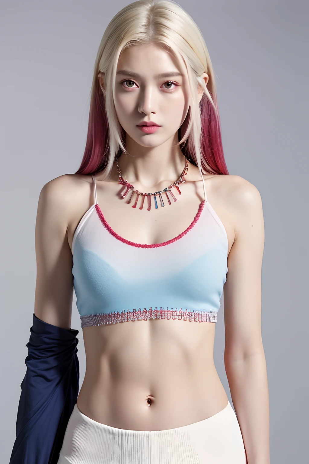 (extra detailed body、extra detailed face、best qualtiy:1.2)、femele、looking at the viewers、(Mulberry and raspberry and white gradient hair color、Red and blue asymmetrical half top、Split abs、Fancy piercings、a necklace、Asymmetry、Fantastico clothes)