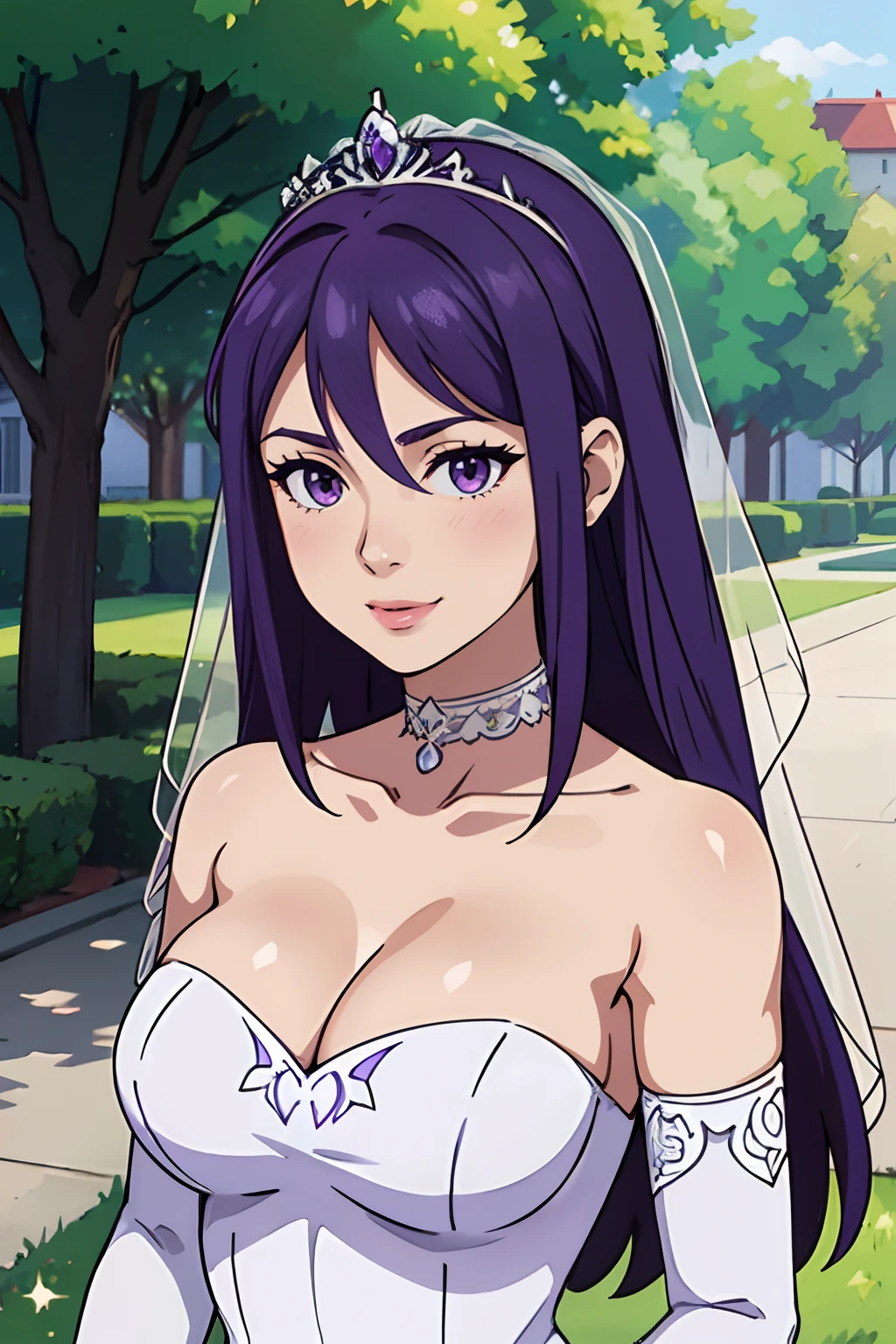 IvFE, hair between eyes, ahoge, purple hair, star \(symbol\), hair ornament, dress, cleavage, bare shoulders, collarbone, long white elbow gloves, white gloves, white dress, white choker, strapless, tiara, veil, strapless dress, wedding dress, bridal veil, beautiful woman, perfect body, perfect breasts, wearing a wedding dress, ball gown, in the park trees, wedding decorations, a warm smile, realism, masterpiece, textured skin, super detail, high detail, high quality, best quality, 1080p, 16k