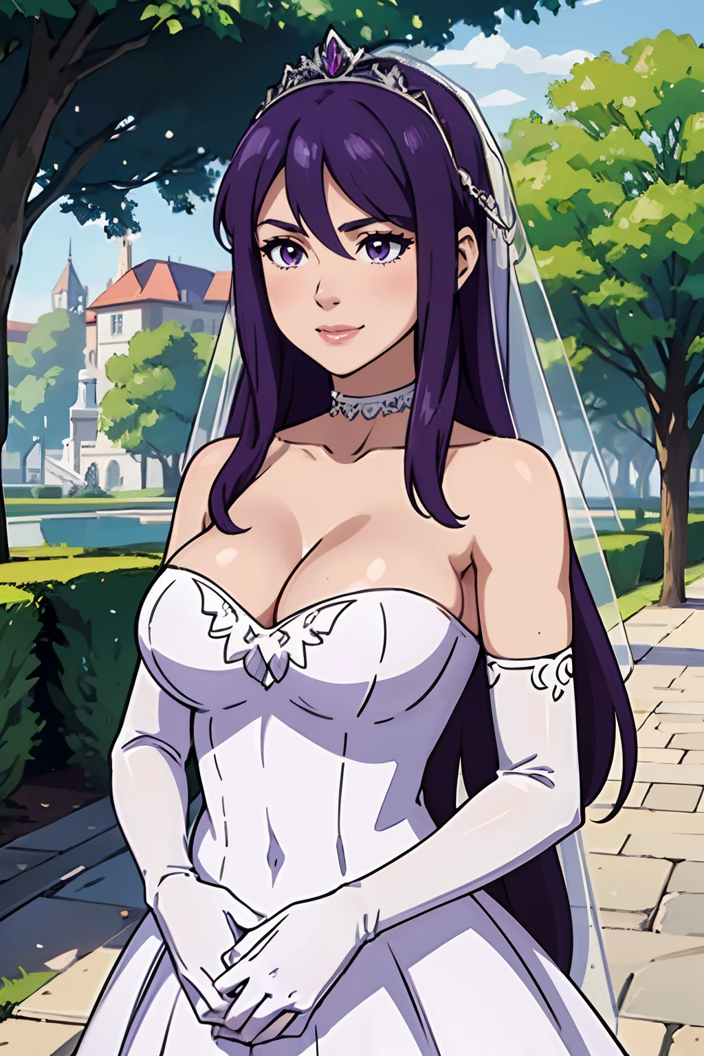 IvFE, hair between eyes, ahoge, purple hair, star \(symbol\), hair ornament, dress, cleavage, bare shoulders, collarbone, long white elbow gloves, white gloves, white dress, white choker, strapless, tiara, veil, strapless dress, wedding dress, bridal veil, beautiful woman, perfect body, perfect breasts, wearing a wedding dress, ball gown, in the park trees, wedding decorations, a warm smile, realism, masterpiece, textured skin, super detail, high detail, high quality, best quality, 1080p, 16k