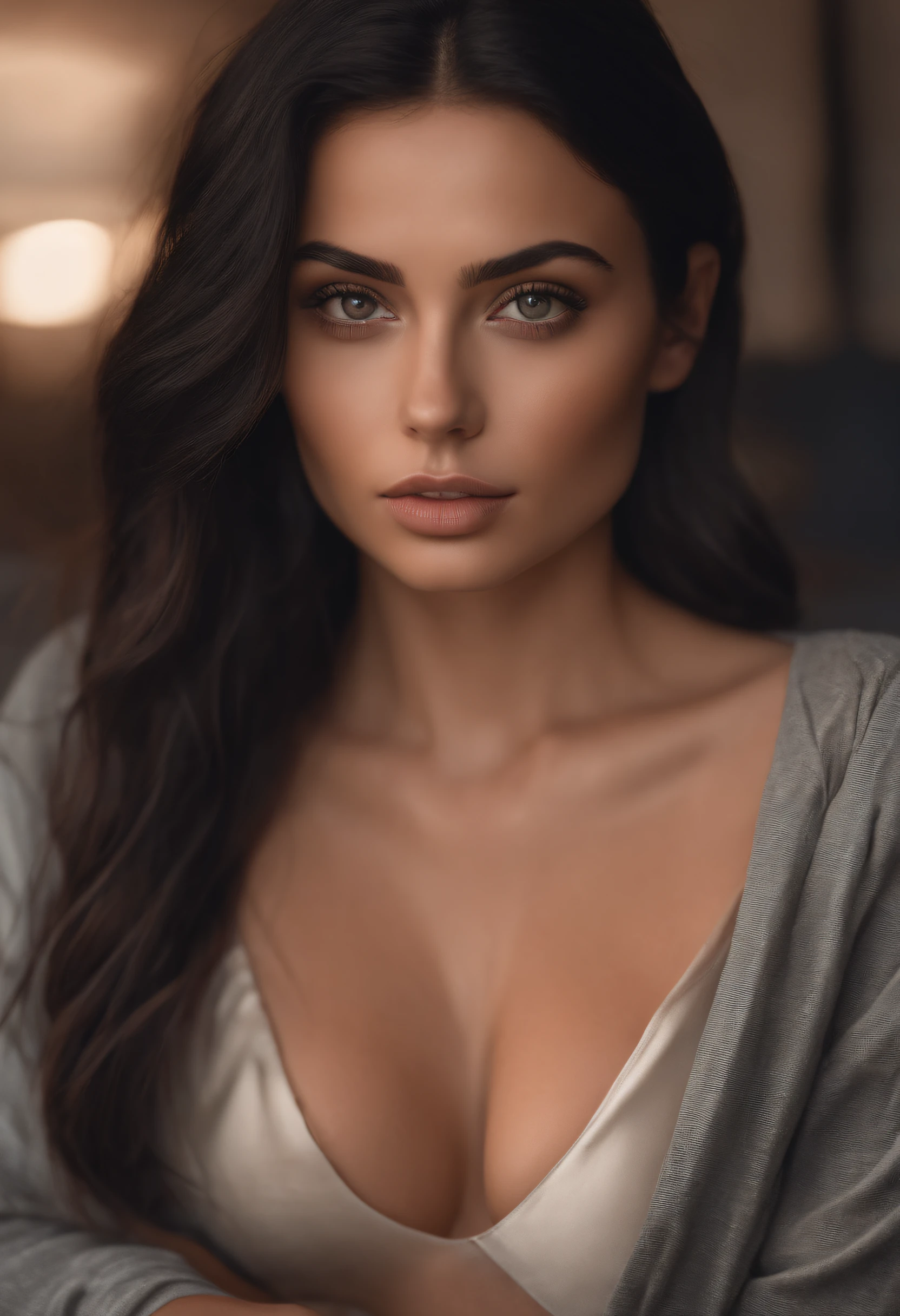 ultrarealistic arafed woman with  attractive clothes, sexy girl with brown eyes, portrait Sophie mud, black hair and large eyes, image of a young woman, bedroom eyes, kylie Jenner , without makeup, natural makeup, looking directly at the camera, face with artgram, subtle makeup, stunning full body shot, in a roof , cleavage, at the park