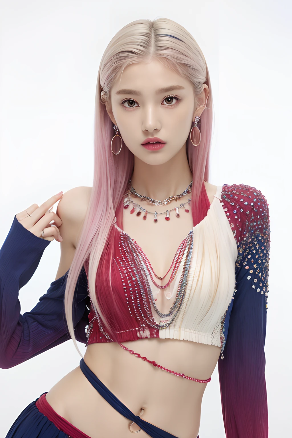 (extra detailed body、extra detailed face、best qualtiy:1.2)、femele、looking at the viewers、((Mulberry and raspberry and white gradient hair color、Red and blue asymmetrical clothing、Split abs、Fancy piercings、a necklace、Asymmetry、Fantastico clothes）