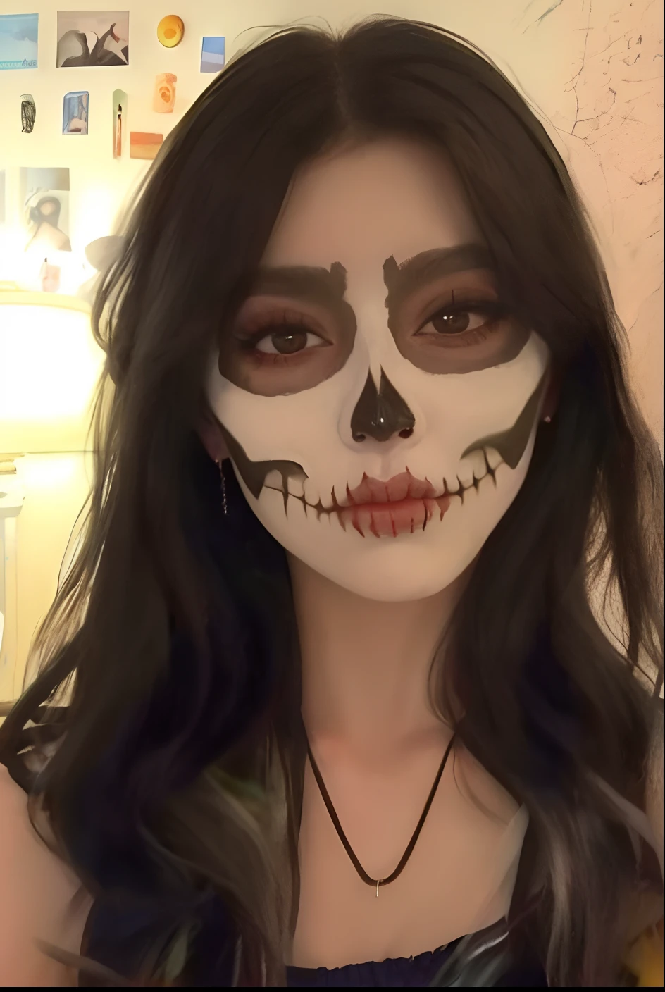 uma mulher com uma pintura de rosto esqueleto e maquiagem de olhos pretos, face do esqueleto, olhar assustador, Dia dos Mortos Maquiagem, skeleton face symmetrical face, menina do esqueleto, skull face paint, esqueleto com olhos, tzuyu de duas vezes, skull face, Cerveja Soft Devil Queen Madison, esqueleto bonito, the mask covers her entire face, pintura facial ao redor dos olhos