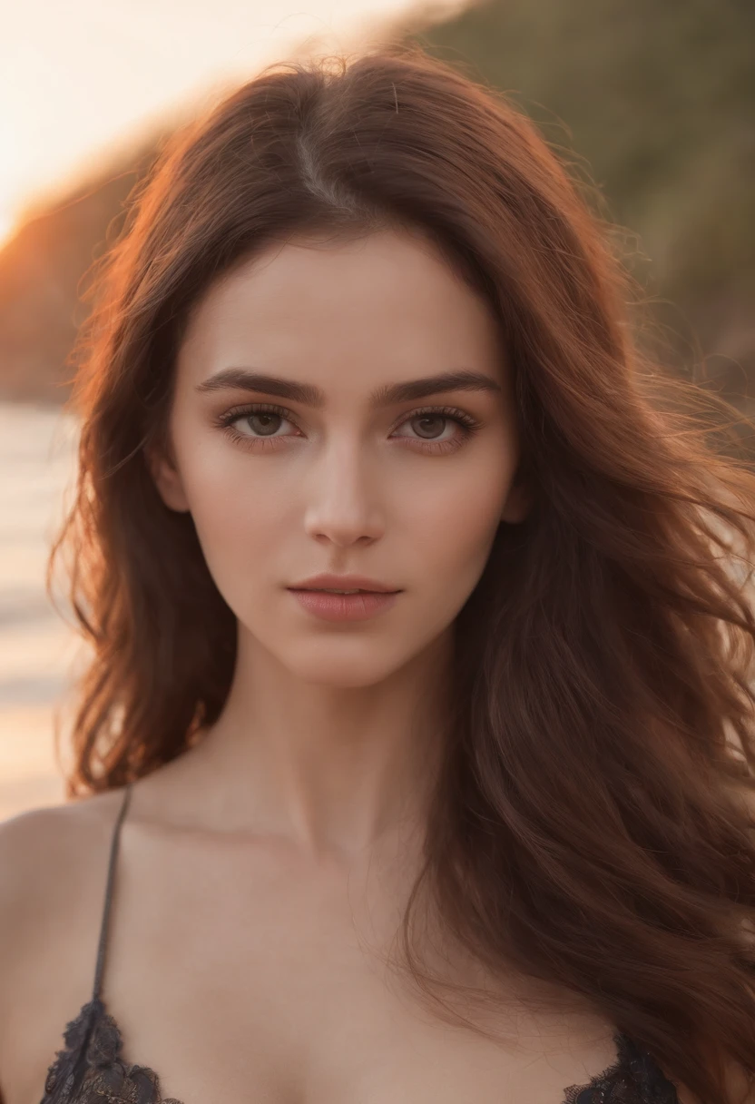 il y a une femme de 25 ans, yeux bruns, Latin American, posant pour la photo, sur une plage, en bikini noir, avec des seins couvrant les bras, Sexy girl, Photo of the model, corps parfait, photo realist, cheveux bruns, (Jolie fille: 1.3) (cheveux: 1.3) very detailed face and skin texture, (pose)), (attirant)) beste-Qualit, 4K, chanoine, twilight, beautiful eyes and detailed face, yeux bruns,((cheveux bruns:1.2)) ((Corps entier:1.3)) ((cheveux longs:1.2))
