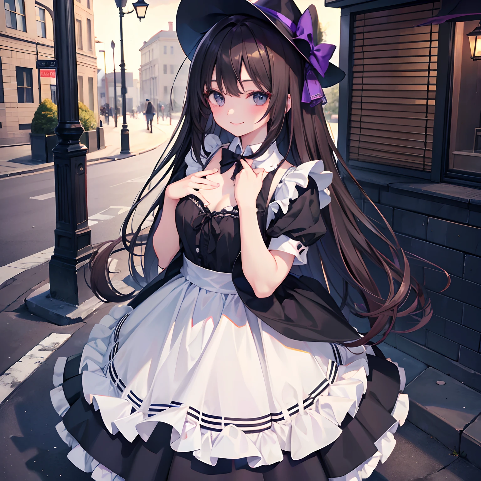 girl with、1 persons、18year old、Dark hair、Black eyes、length hair、A smile、huge smile、Smaller chest、Schools、in a street、natta、Halloween Party、maid clothes、fullbody image