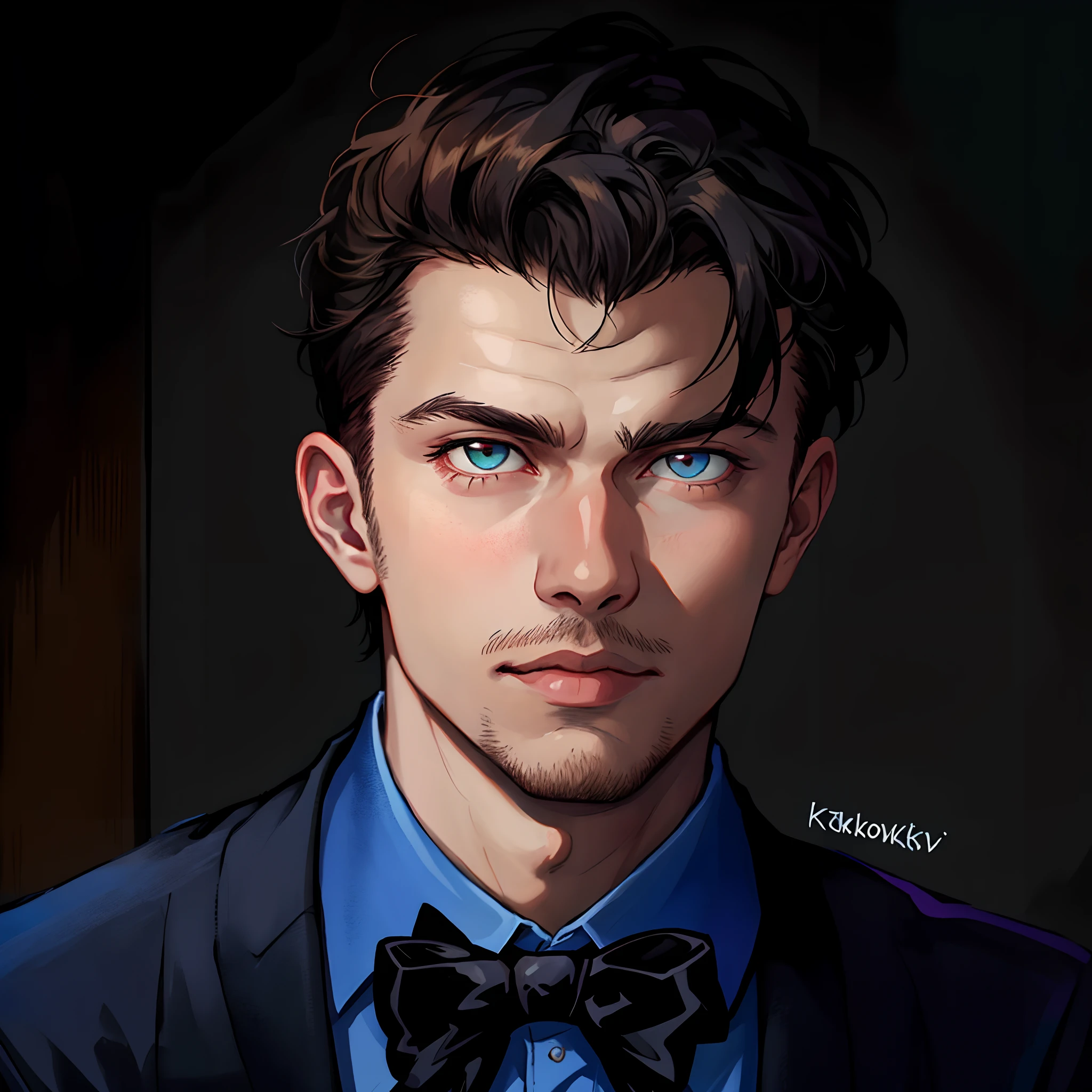 arafed man with a bow tie looking at the camera, darius zawadzki, inspired by Bertalan Karlovszky, kacper niepokolczycki, high quality portrait, portrait shot 8 k, inspired by Kristian Kreković, epic and classy portrait, inspired by Oskar Lüthy, miles johnstone, Blue Shirt,