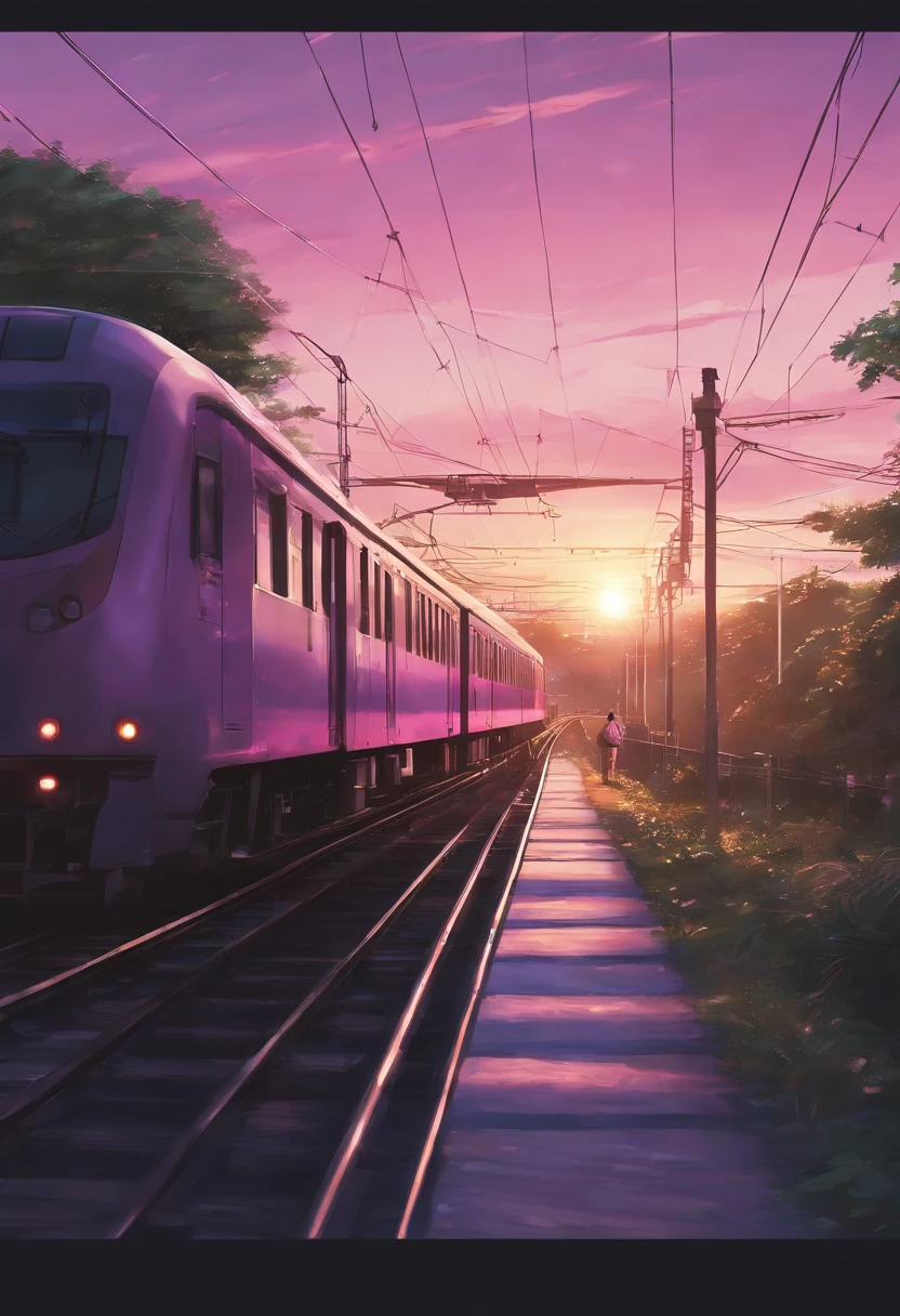 Anime scene with train passing under pink and purple sky, anime drawing by Makoto Shinkai, trending on pixiv, magic realism, beautiful anime scene, cosmic sky. by makoto shinkai, ( ( makoto shinkai ) ), by makoto shinkai, anime background art, makoto shinkai style. Detail enhancement, perfect detail processing.