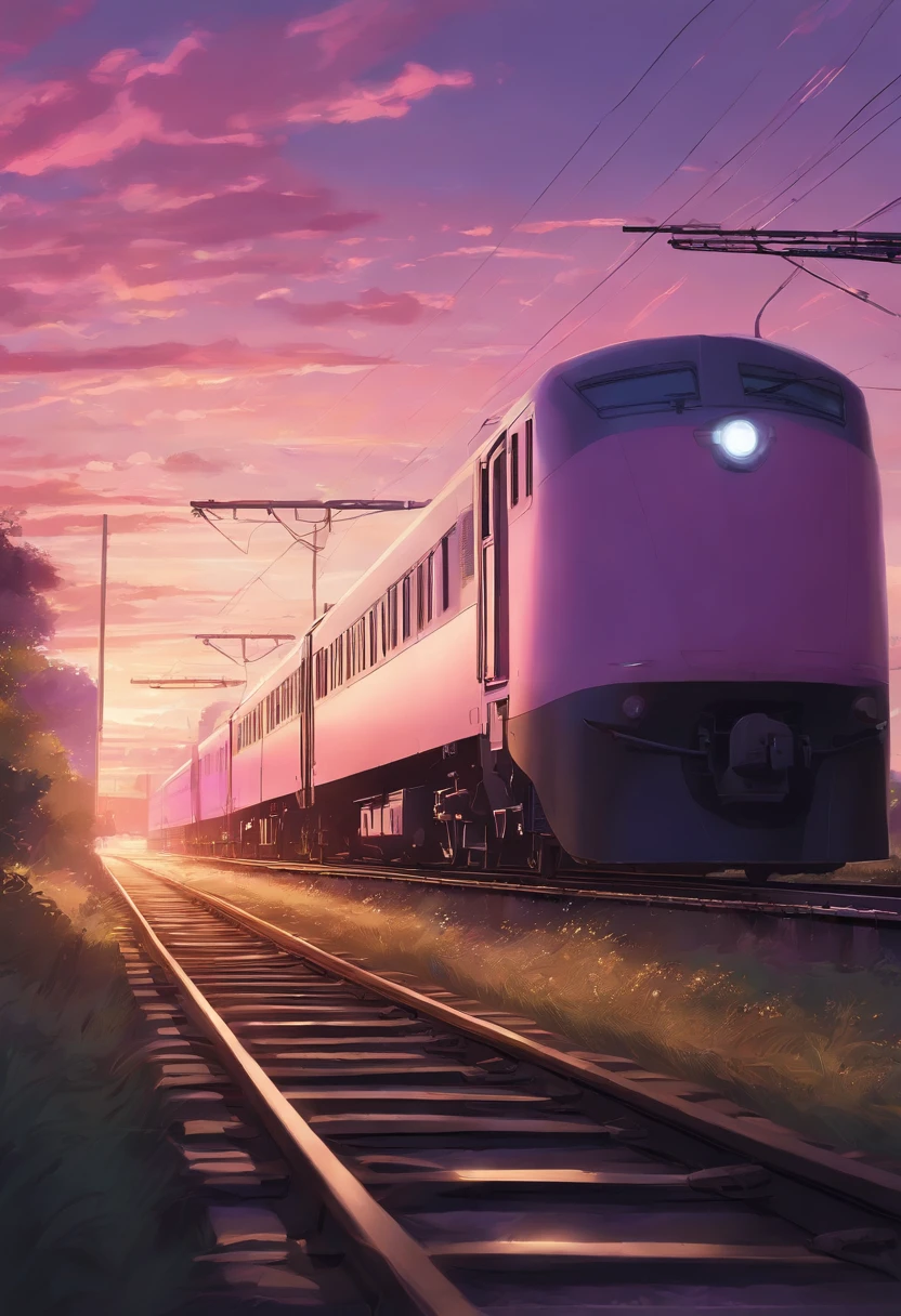 Anime scene with train passing under pink and purple sky, anime drawing by Makoto Shinkai, trending on pixiv, magic realism, beautiful anime scene, cosmic sky. by makoto shinkai, ( ( makoto shinkai ) ), by makoto shinkai, anime background art, makoto shinkai style. Detail enhancement, perfect detail processing.