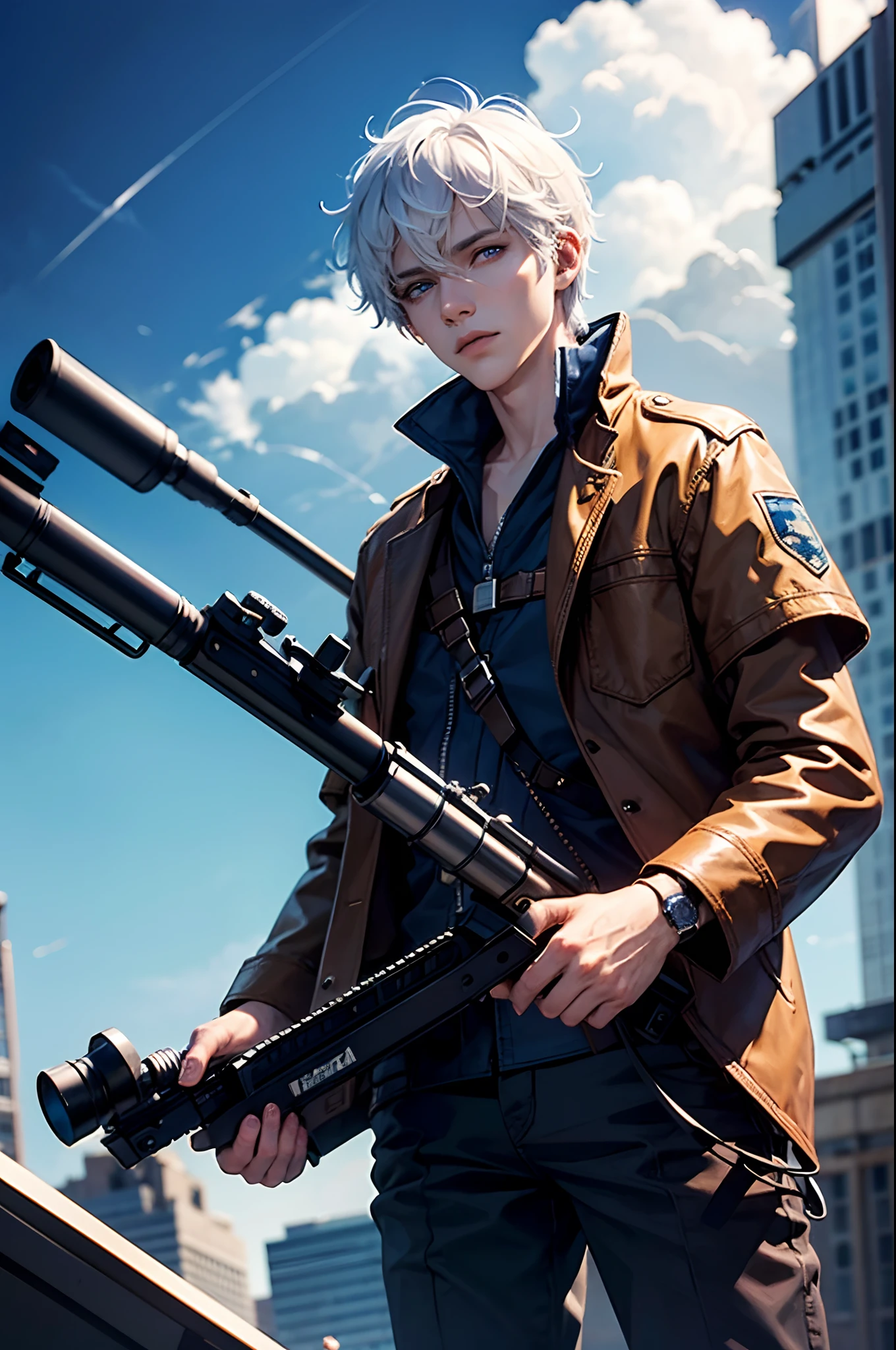 1 man, short white hair, blue eyes, scar in the face, wearing brown jacket and a blue shirt with a papillon, right eye on the scope of a sniper rifle, sky is dark because is night, he is on the roof of a skyscraper