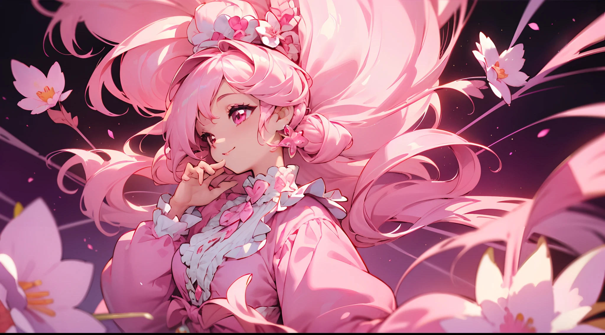 (The skin is not exposed, Long sleeve blouse with ruffles), (Solo), Very cute girl (1), Colorful flowers on peach background, England, sunlight shining through, ((Pink super long hair,  Tied hair Earring Color)), (Super smile), Dynamism, (Pink eyes), (kirakira) (Detail Objects)