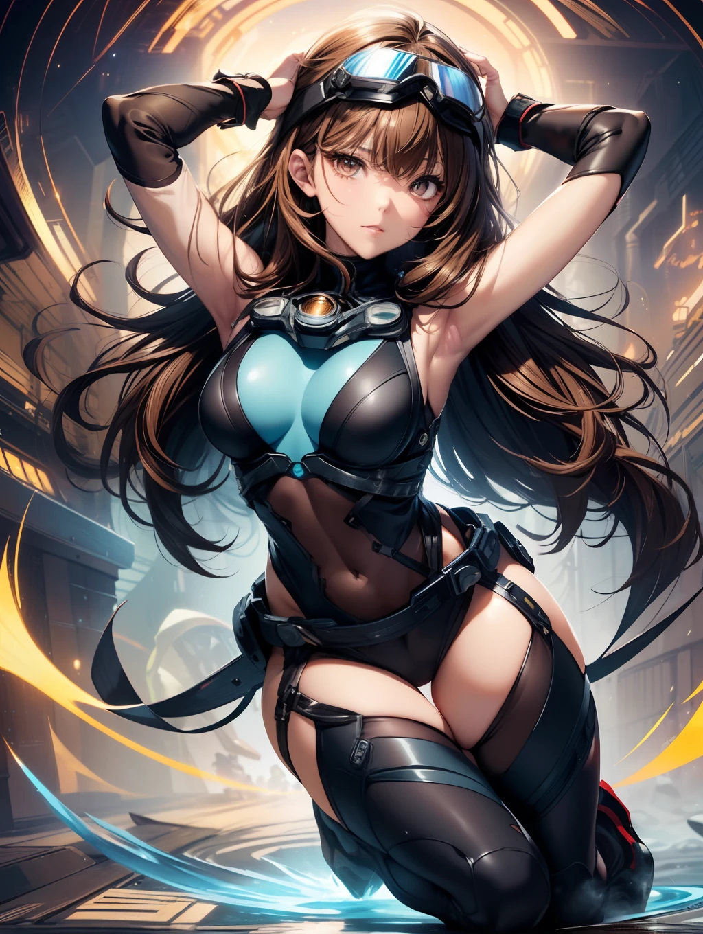 Best Quality, masutepiece, beautiful mature women、Beautiful face、Strong-minded woman、brown haired、(Brown-eyed、Bangs are asymmetrical)、Longhaire、Undersized eyes、Full body like、(((body suit)))、(((hero、Put goggles over your head)))、(((Warp Gate、mirai、Aura of Light;1.5)))、