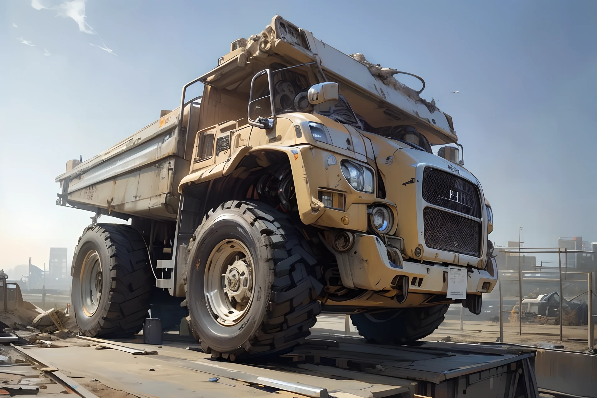 (((Mechanical Truck))), Made of mechanical parts, (Mecha Hydraulics), Cybernetics, Insane detailed, Cinematic lighting, Background: Wasteland