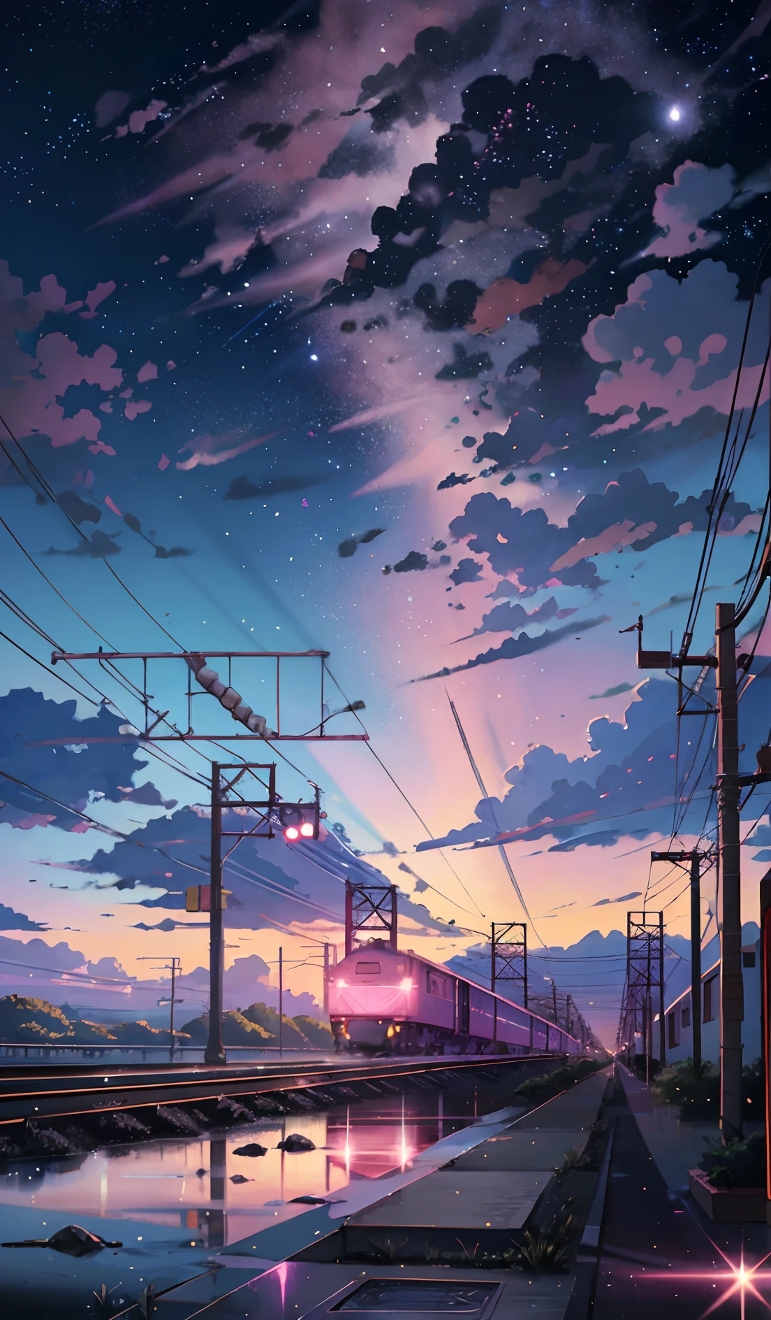 Anime scene with train passing under pink and purple sky, anime drawing by Makoto Shinkai, trending on pixiv, magic realism, beautiful anime scene, cosmic sky. by makoto shinkai, ( ( makoto shinkai ) ), by makoto shinkai, anime background art, makoto shinkai style. Detail enhancement, perfect detail processing.