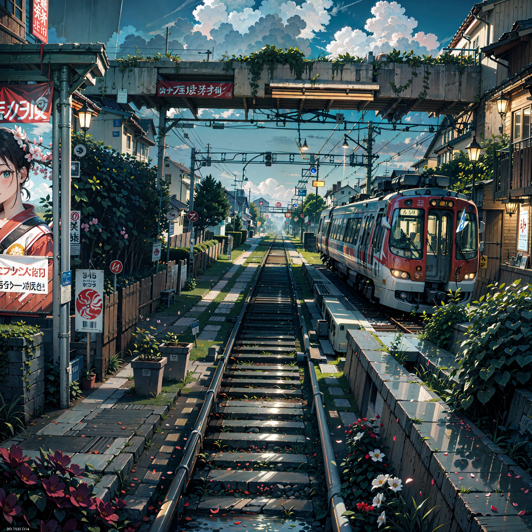 A train on the tracks, [vibrant colors], [detailed scenery], [sunbeam shining], [lush greenery], [rusty tracks], [blurred motion], [bokeh effect], [nostalgic atmosphere], [beautiful sunset], [serene ambiance], [urban landscape], [perspective view], [long stretch of tracks], [distant horizon], [clear blue sky], [dynamic composition], [fine art painting], [soft lighting], [romantic mood], [passing by], [train conductor], [quiet solitude], [multicolored graffiti], [old-fashioned train], [timeless beauty], [wide-angle perspective], [captivating scenery], [steamy locomotive], [winding railway], [weathered wooden poles], [dreamlike atmosphere], [symmetry], [metallic rails], [majestic landscape], [intricate details], [time-lapse photography], [engine power], [mysterious journey], [urban exploration].