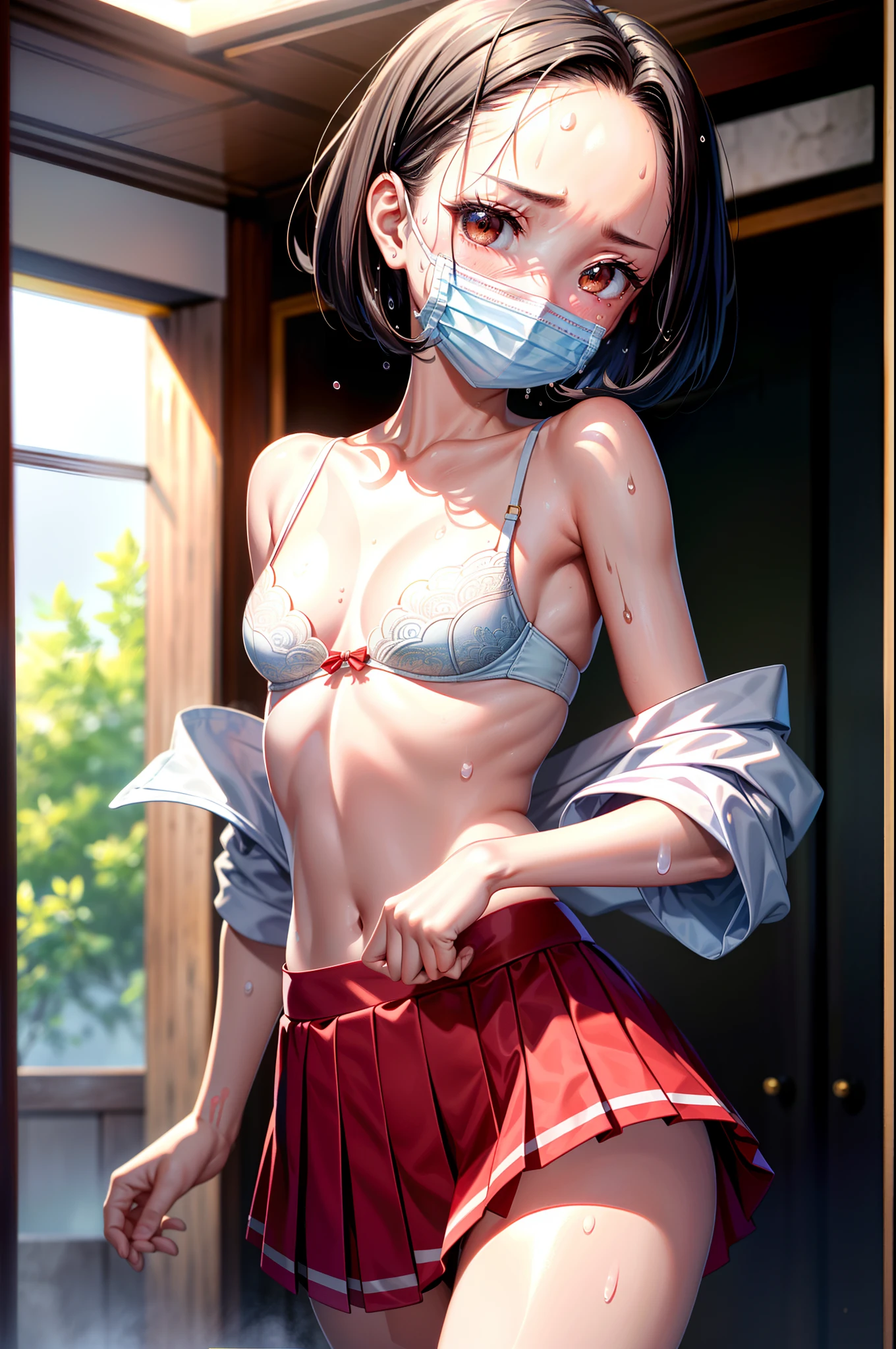 absurderes、masterpiece、top-quality、realisitic、Hyper-detailing、(skin gloss、Sweatiness:1.4)、Looking at the camera、One Woman、独奏、(masks、Half-naked high school blouse、bra very、High School Skirts)、long、((Hairstyle that reveals the forehead、Bery short hair))、Gray eyes、(Thigh:0.5)、动态照明、hight resolution、foco nítido、depth of fields、((small tits、very slender body)),(red blush、Embarrassed look、)、(((Focus on the face、Half body shot)))