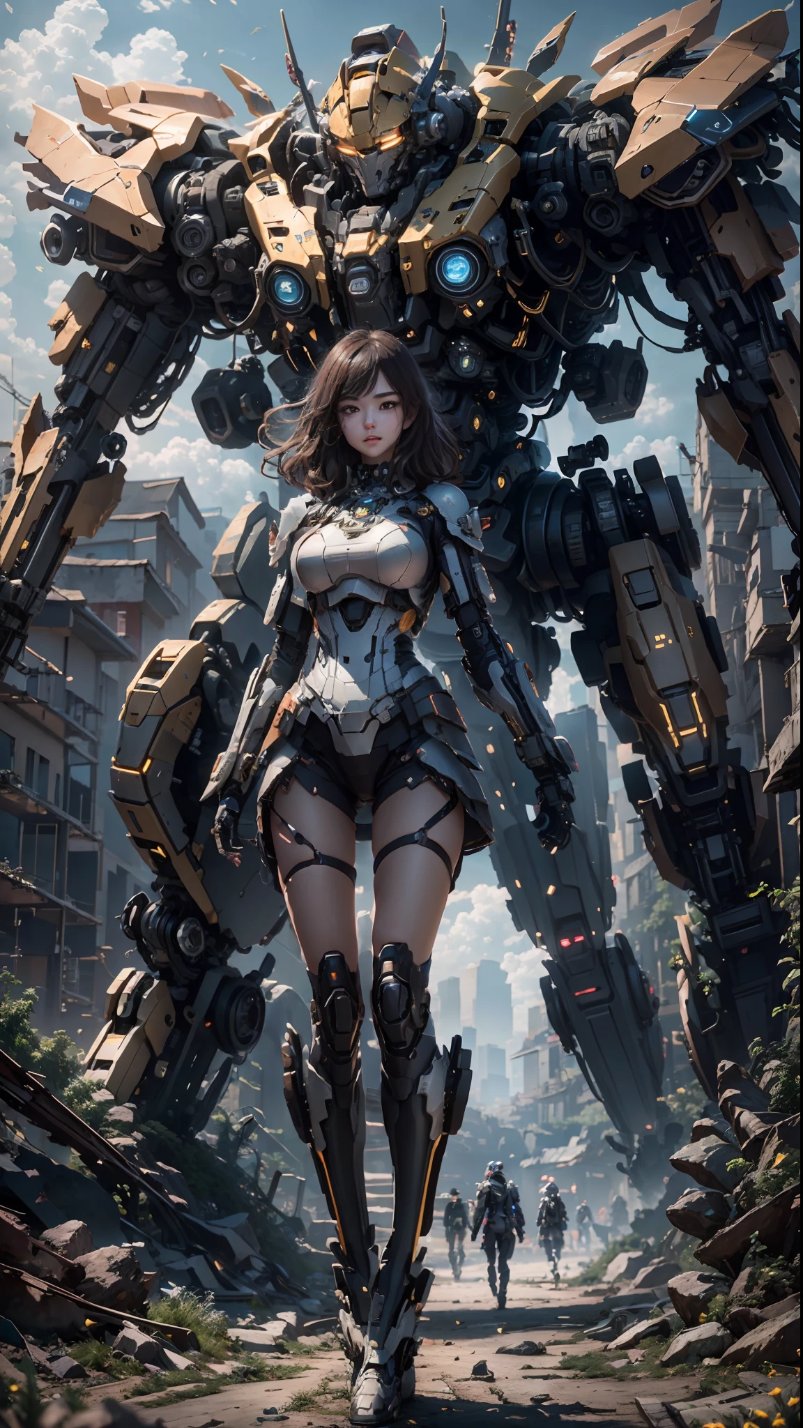 ((Best Quality)), ((Masterpiece)), (Very Detailed:1.3), 3D, Shitu-mecha, Beautiful cyberpunk woman with her pink mech in the ruins of a city in the forgotten war, Ancient technology, HDR (High Dynamic Range), ray tracing, NVIDIA RTX, super resolution, unreal 5, subsurface scattering, PBR texture, post-processing, anisotropic filtering, depth of field, maximum sharpness and sharpness, multi-layer texture, albedo and highlight maps, surface shading, Accurate simulation of light-material interactions, perfect proportions, octane rendering, duotone lighting, low ISO, white balance, rule of thirds, wide aperture, 8K RAW, efficient sub-pixels, subpixel convolution, luminescent particles, light scattering, Tyndall effect
