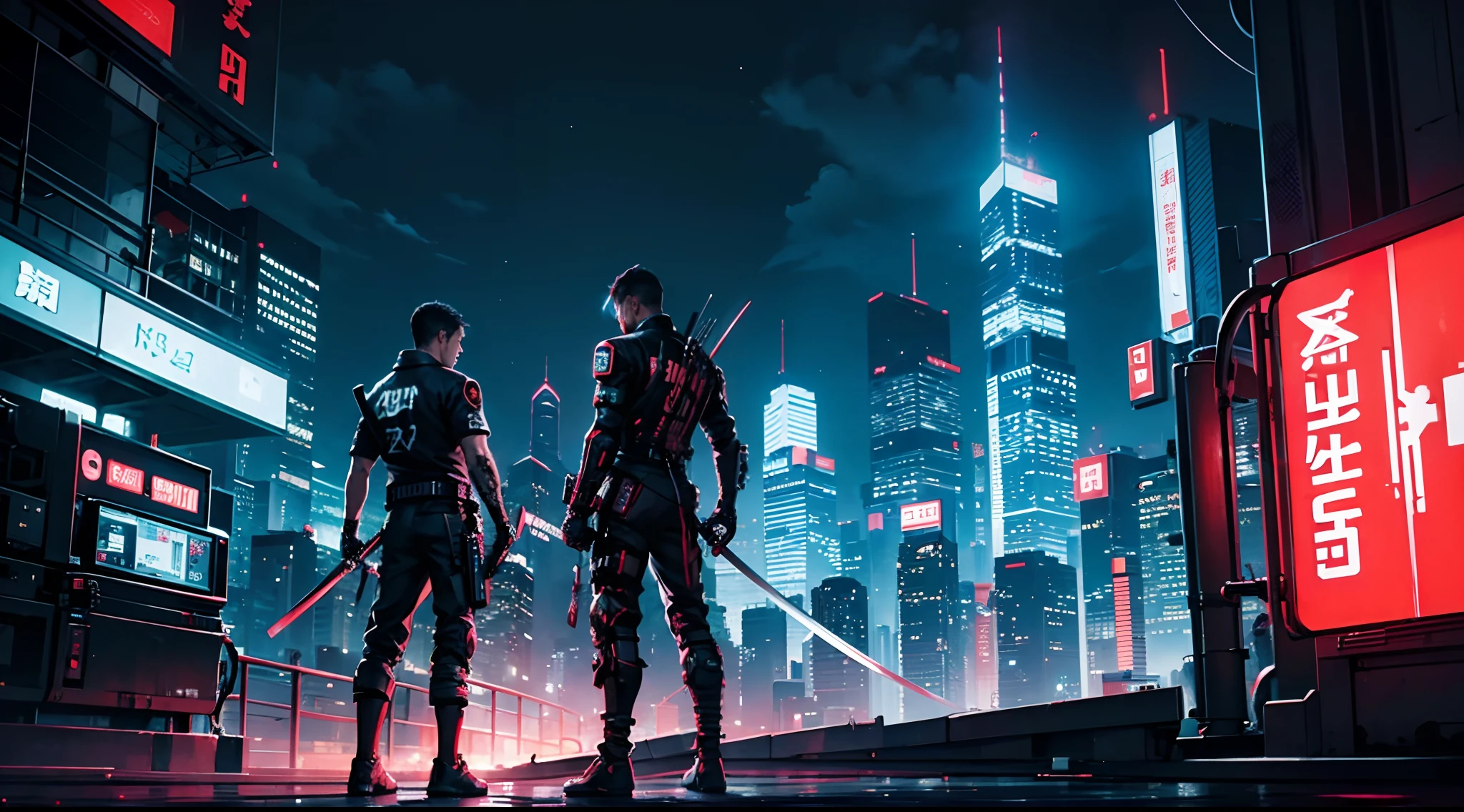 2 guys fight with a katana, cyberpunk, roof of a skyscraper in the middle of the night, neon lights, dirty, blood, suffering