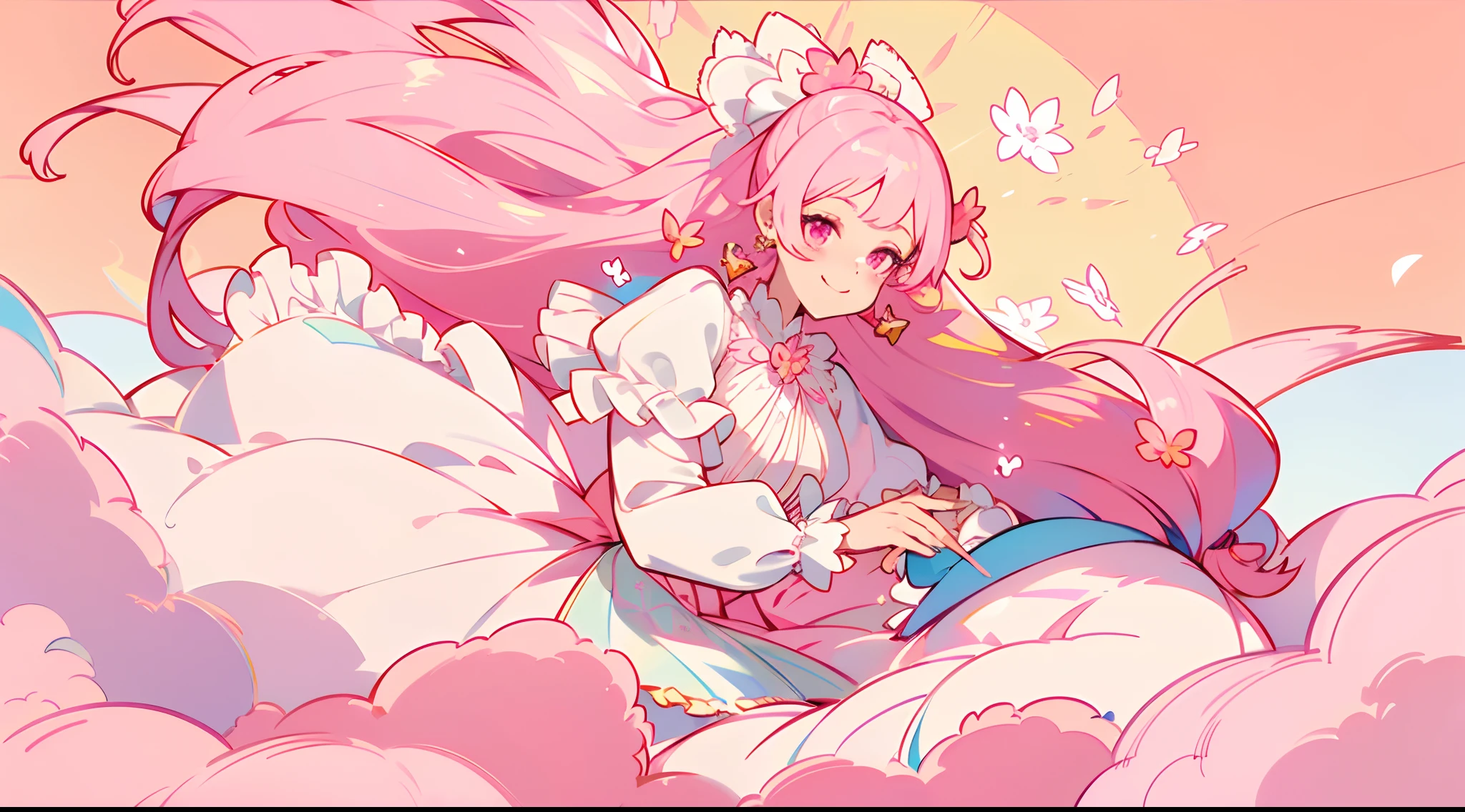 (The skin is not exposed, Long sleeve blouse with ruffles), (Solo), Very cute girl (1), Colorful flowers on peach background, England, sunlight shining through, ((Pink super long hair, Tied hair Earring Color)), (Super smile), Dynamism, (Pink eyes), (kirakira) (Detail Objects)