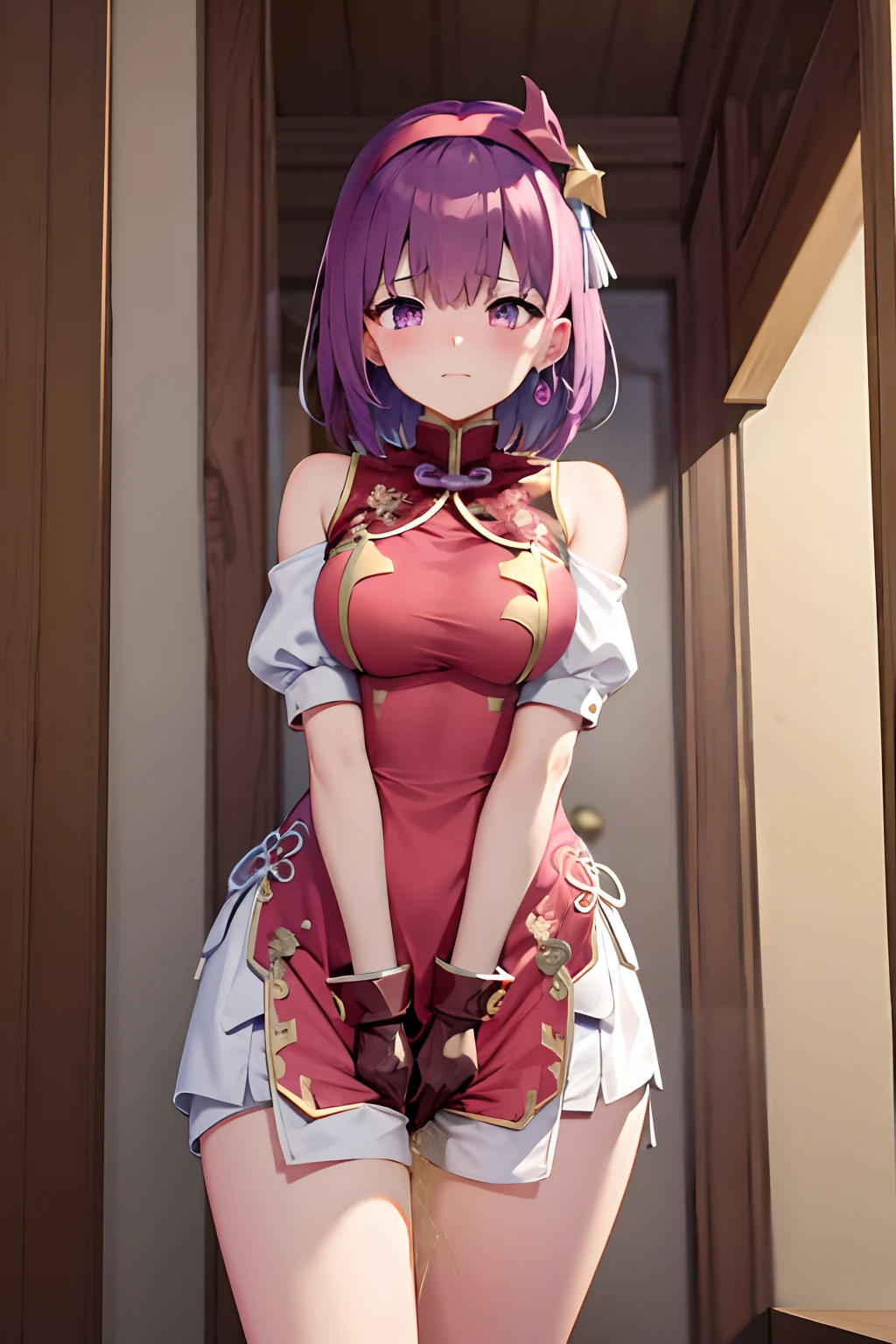 have to pee(Masterpiece:1.4), peeing self(Masterpiece:1.4), Asamiya Palace_Chinese_dress_Ong Wai Province, Purple hair, Short hair, Purple eyes, mitts, shairband, Fingerless gloves, Breasts, dress, hair adornments, Star (symbol), Chinese clothes, red hairband, star hair ornament, Bare shoulders, china dress, bangs, Shorts, ribbon, Red gloves, jewelry, Hairy ribs, Ultra detailed, Cinematic light, Highly detailed, scenery, Pose, Solo, view the viewer, Glossy glossy skin, Blush, Shy, Masterpiece, Best quality, 8K, Anatomically correct