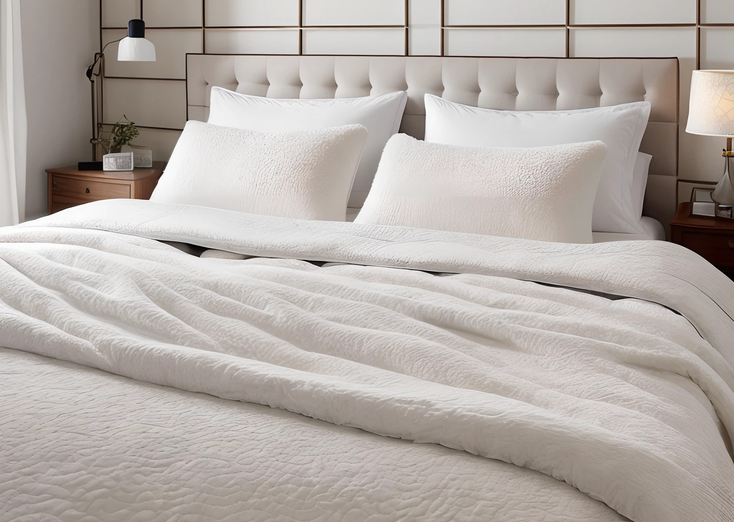 Soft quilt，Furry bed，high resolution, (Masterpiece: 1.4), hyper-detailing, Beds，inside a room，brightly，Realiy，White bed，pillow head，NOhumans
