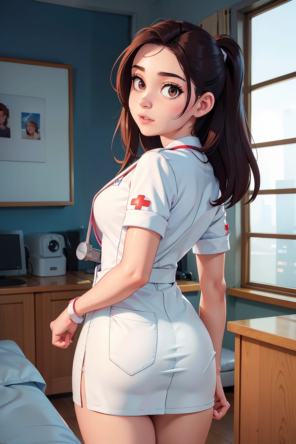 (a girl:1.1) A girl in a nurse uniform (from behind) (best quality,4k,8k,highres,masterpiece:1.2), (realistic,photorealistic,photo-realistic:1.37), ultra-detailed, (professional:1.1) which includes (a beautiful face) with (extremely detailed eyes) and (beautiful detailed lips). The girl is seen (from a first-person perspective:1.1), focusing on the (nurse's ass) in a (sexy:0.9) way. The nurse is wearing a (fitting white uniform) with a (stethoscope) around her neck. The scene is (brightly lit) with (soft natural lighting) highlighting the girl and the nurse. The artwork should have a (realistic) style and vibrant colors to create a (lifelike) atmosphere.