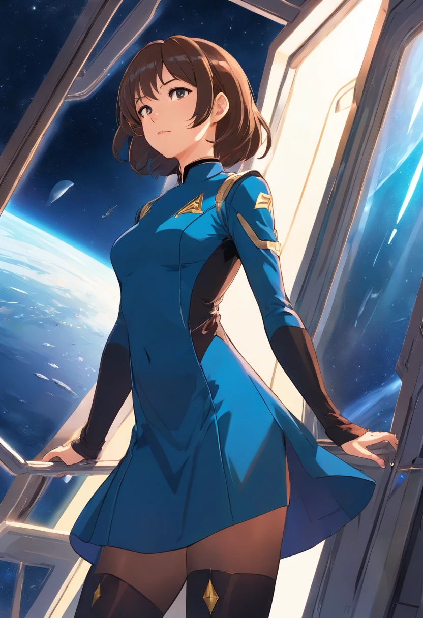 Solo female, shiny long brown long bobcut, blue tight cotton dress, startrek insignia badge, black heeled boots, nylon stockings, on spaceship, pressed up against glass, cleavage