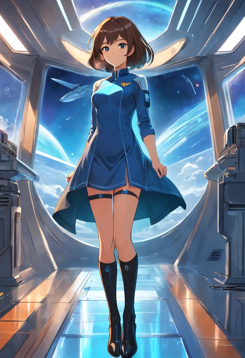 Solo female, shiny long brown long bobcut, blue tight cotton dress, startrek insignia badge, black heeled boots, nylon stockings, on spaceship, pressed up against glass, cleavage