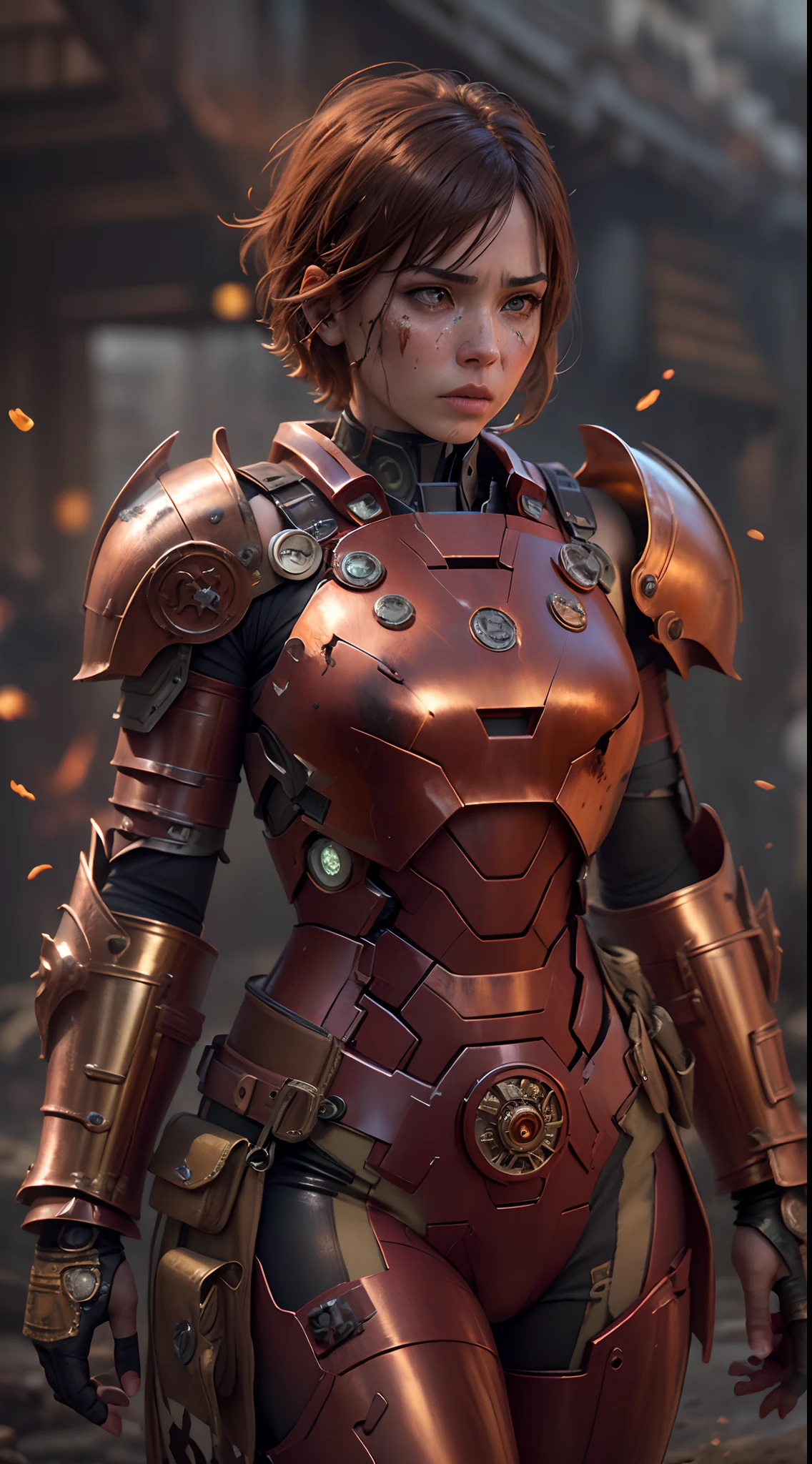 steampunc,Copper and brass materials,Jedi Girl Iron Man MK2 type armor,(short detailed hair),In fantasy scenarios。(brutal,violence:1.1),(Splashing blood),(battle scars),(arma:1.1),(Armour:1.1).(Intense,battle:1.1),(dust cloud).(Best quality,4K,8K,A high resolution,Masterpiece:1.2),(Realistic,Photorealistic,photo-realistic:1.37)