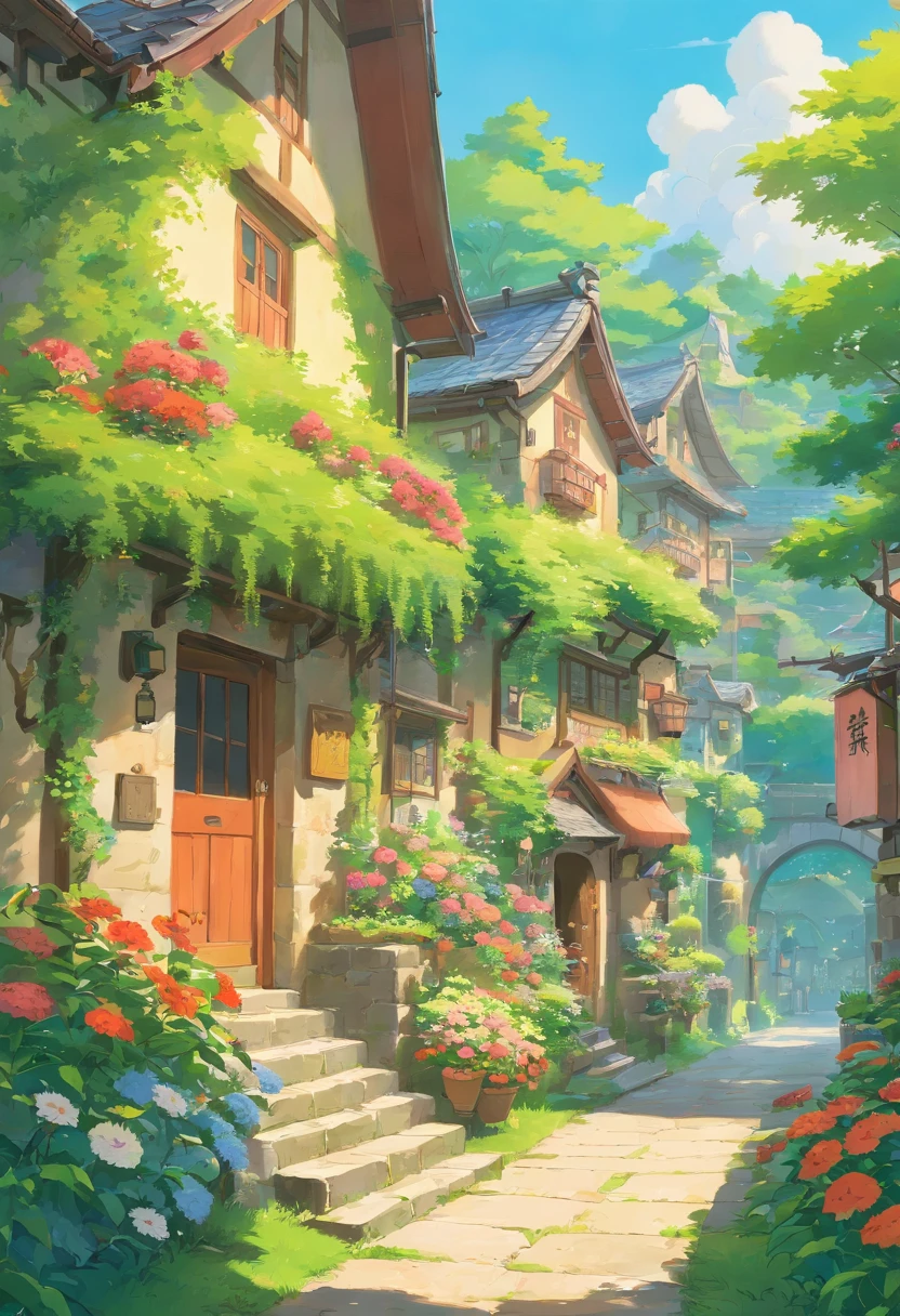 In a peaceful and beautiful village，There is an old study，It is surrounded by greenery、Floral scenery。