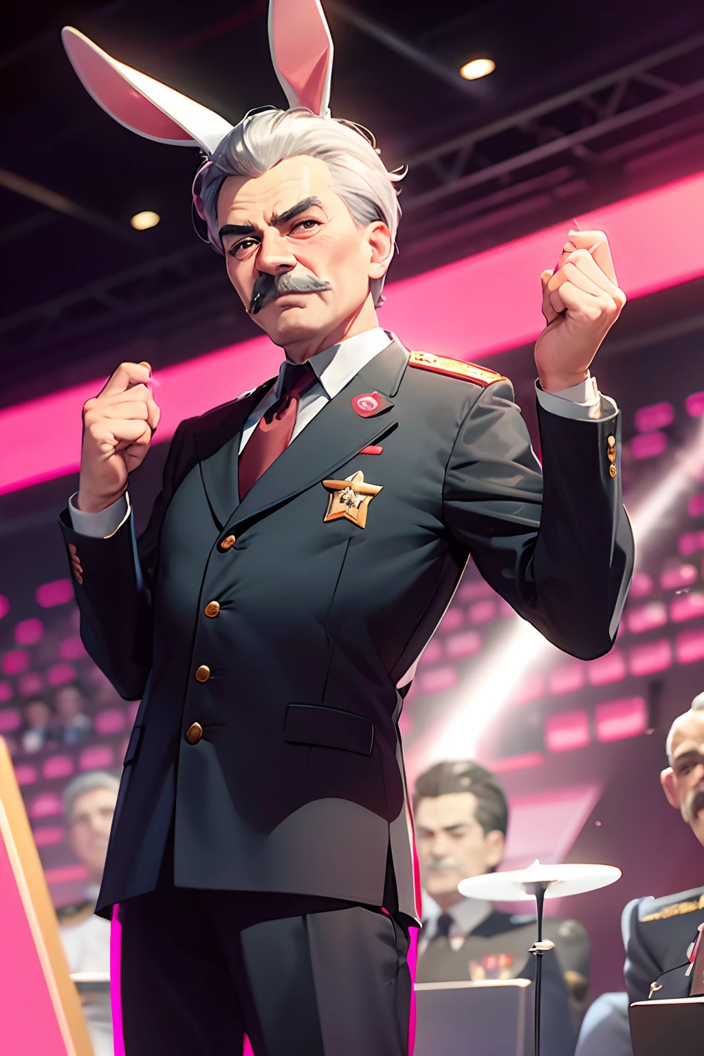 Stalin as senpai guy wearing rabbit suit with bunny ears, during an official audience, joseph Stalin, very pink, cute, fine texture, smooth, cute, incredibly lifelike.
