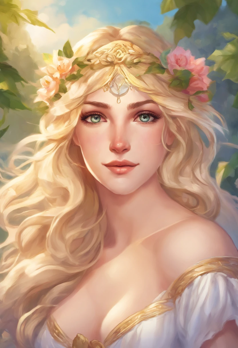1 greek goddess, blonde, long wavy hair, aphrodite, venus, league of legends style, half body, masterpiece, high quality big boobs, splash art