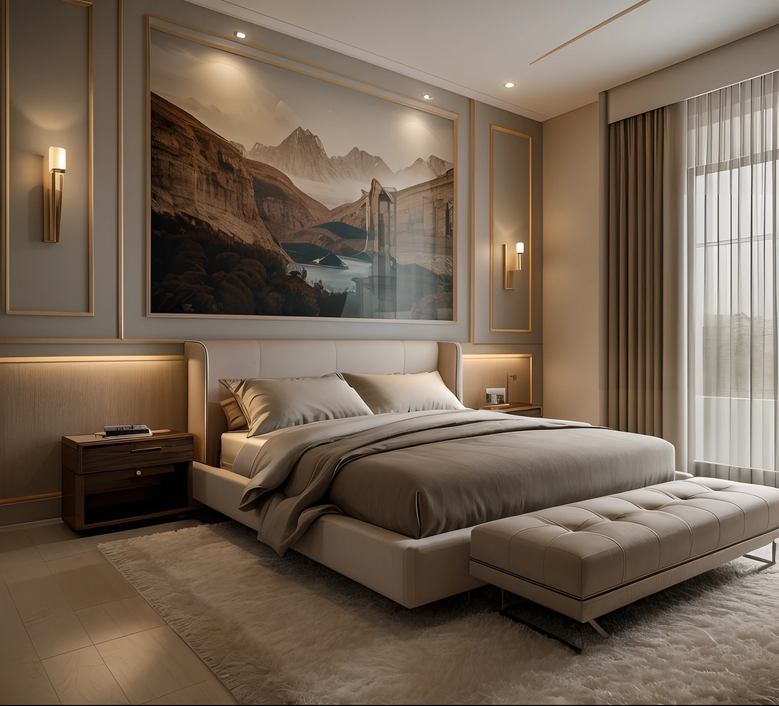 "Luxury, modern bedroom interior design with a bit of sophistication and elegance.",day, 8k uhd, dslr, soft lighting, high quality, film grain, Fujifilm XT3
