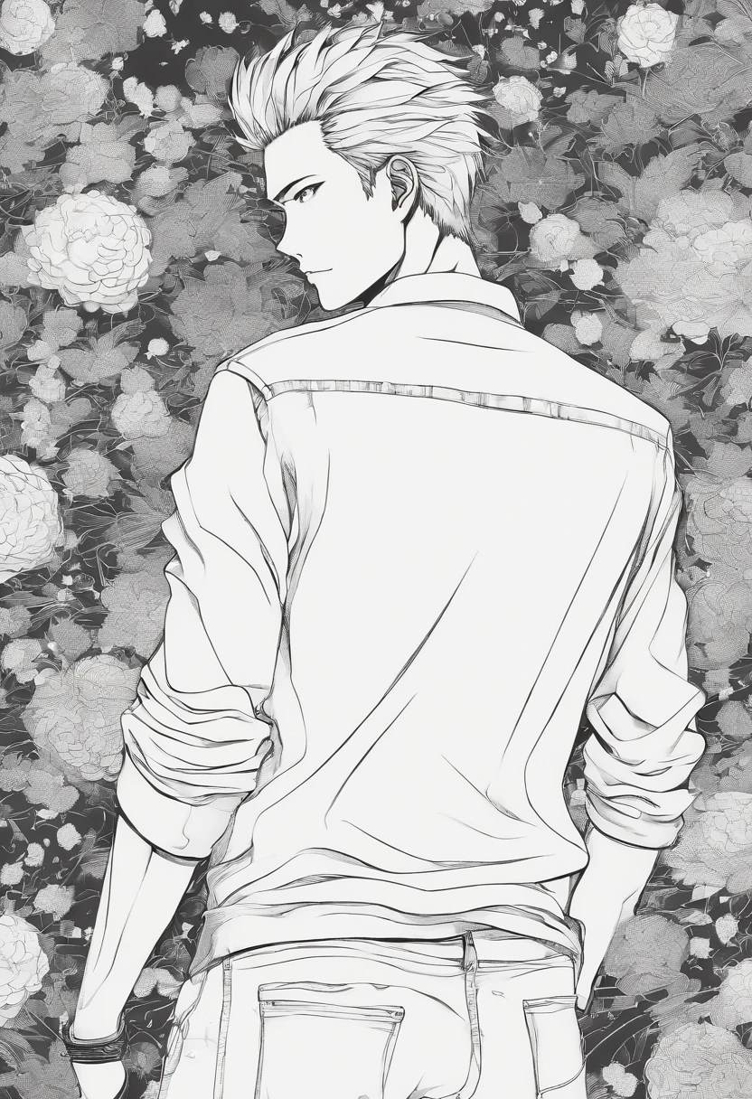 Rear view of a man in a long-sleeved white shirt and denim