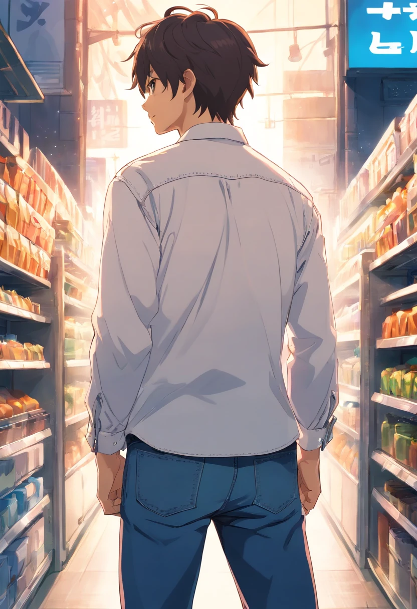 Rear view of a man in a long-sleeved white shirt and denim