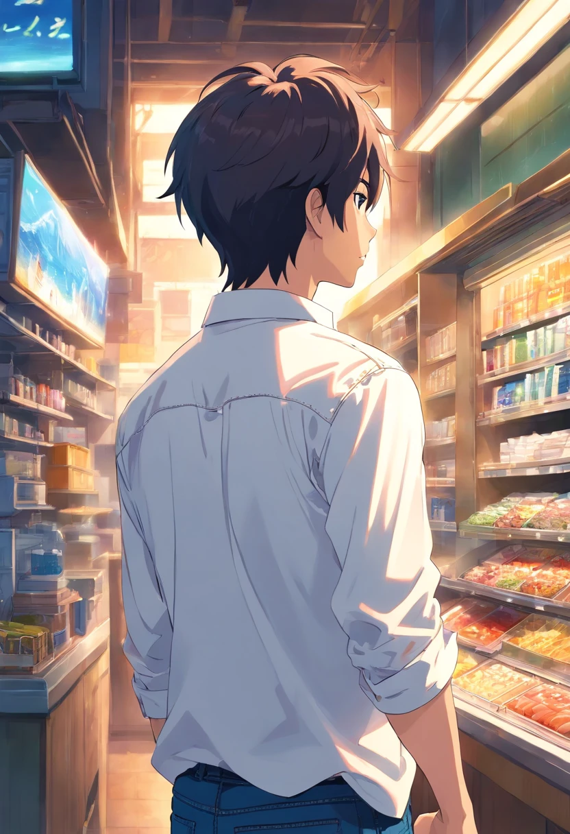 Rear view of a man in a long-sleeved white shirt and denim