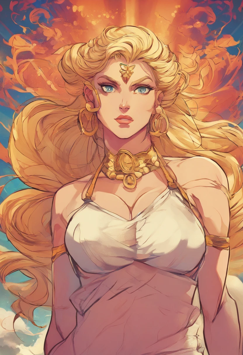 1 greek goddess, blonde, long wavy hair, aphrodite, venus, league of legends style, half body, masterpiece, high quality