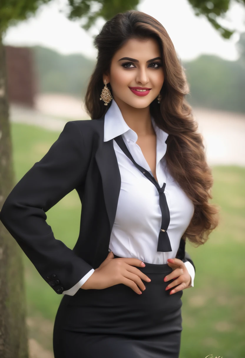 (8k, best quality, masterpiece:1.2), (realistic, photo-realistic:1.37), ultra-detailed, 1 Pakistani girl,21 year old, full body, outdoors, (adjusting hair:1.5) office lady, black officeblazer covering her breast, officeskirt covering her legs and feets, (pantyhose:1.2), (short buttoneddownshirt:1.2), buttonedupcollarprim, buttoneddowncollarprim, bra, (pantyhose:1.2), alphalayers, highheels, beautiful earrings, cute, solo, beautiful detailed sky, (smile:1.15), (closed mouth), small breasts, beautiful detailed eyes, business attire, long open hair, floating hair NovaFrogStyle