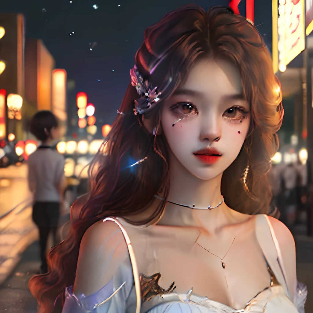 Korea,pupils,Ultra-real human skin,Bigchest,Harnes,the street,the night,The lights behind are shining,long whitr hair,Beautuful Women,Brown eyes,eighteen years old