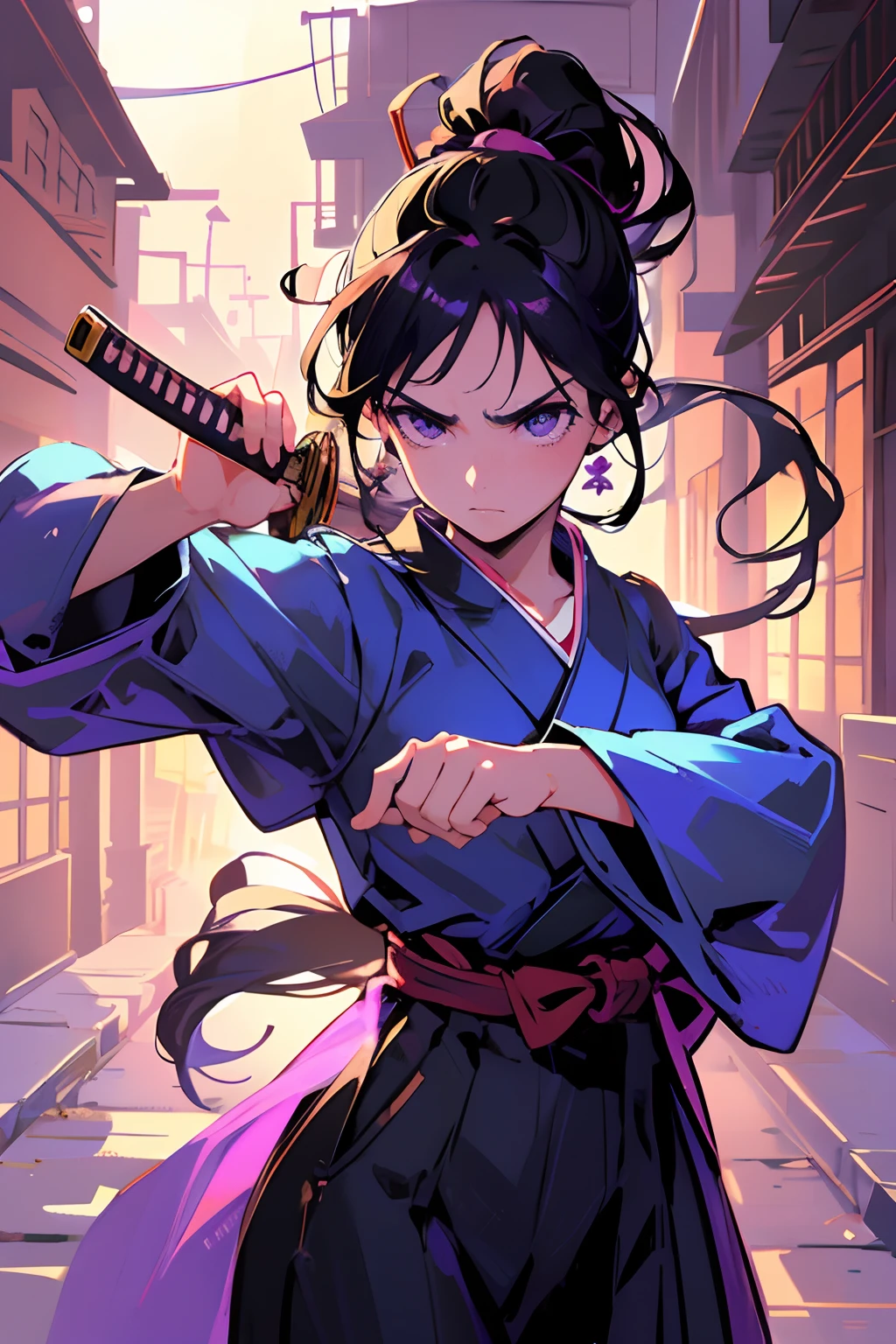 masterpiece, high quality, very detailed shading, artistic background, perfect face, perfect hands, detailed background, young woman, adult woman, sparkling eyes, brown eyes, blue kimono, purple hakama, complex background, blue sky,long black hair, low ponytail, straight hair, brown eyes, frustrated, frowning, holding katana, fighting pose, dynamic pose, dim alley, dim lighting, alleyway, old Japanese village