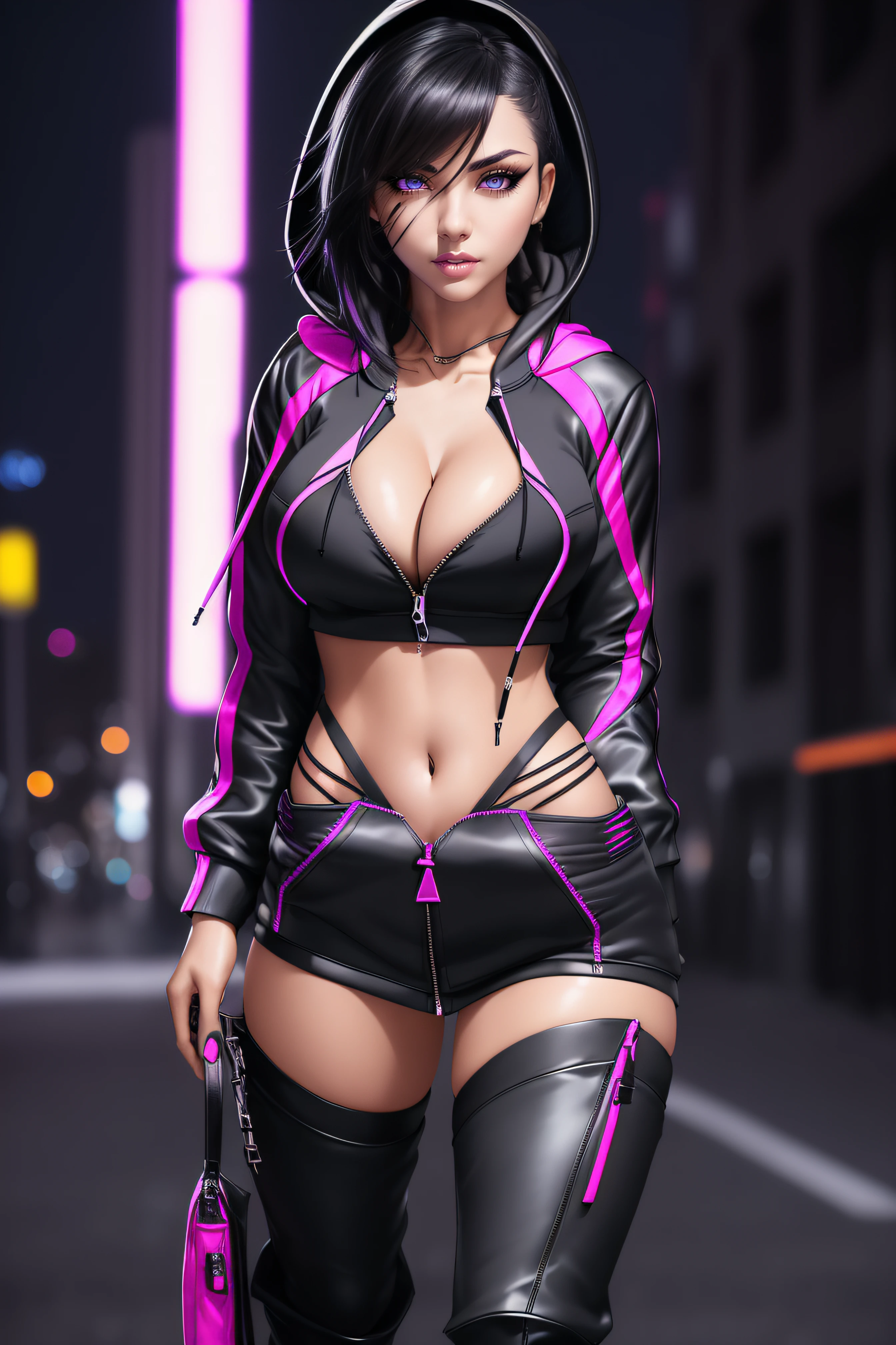 beautiful girl, ((standing:1.4)), (confident gaze:1.1), full body, short bright neon streaked black hair, ((realistic highly detailed eyes:1.4)), ((seductive pose:1.2)), black eyeshadow, (street style wear:1.2), ((hoodie open zip:1.4)), ((cleavage:1.4)),((tight fitted pants)), ((knee high leather boots)), (dark city night black background:1.4), dark makeup, digital art, trending on artstation, highly detailed, fine detail, intricate, detailed facial features, sharp focus, smooth, aesthetic,