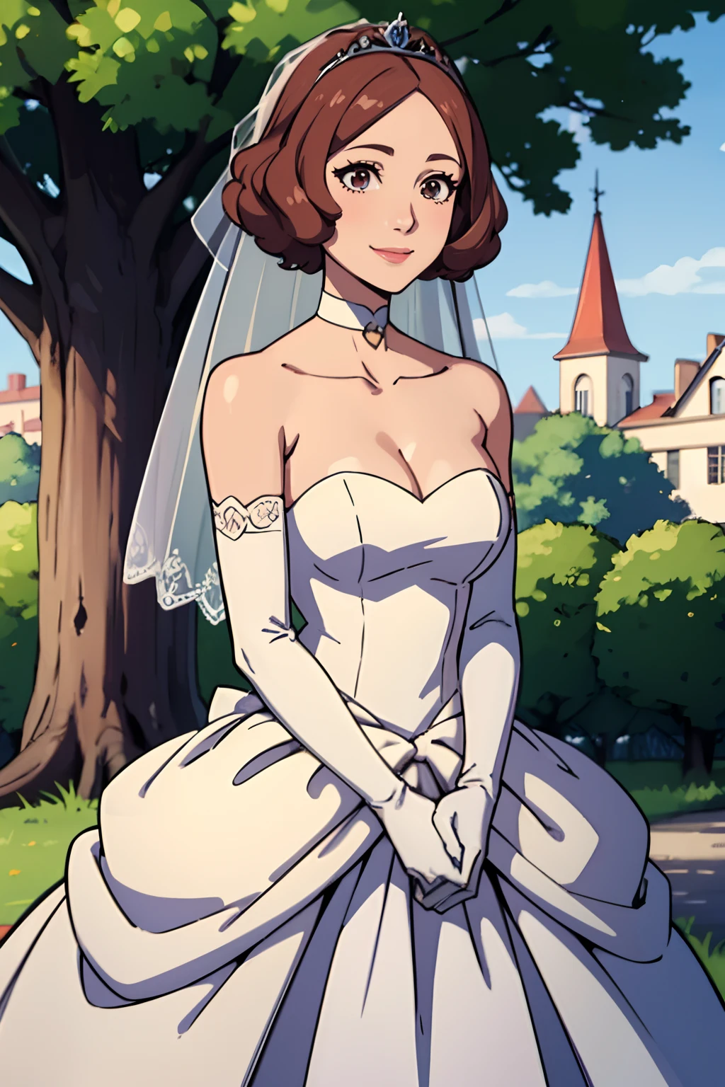 haru okumura,  hair between eyes, ahoge, brown hair, star \(symbol\), hair ornament, dress, cleavage, bare shoulders, collarbone, long white elbow gloves, white gloves, white dress, white choker, strapless, tiara, veil, strapless dress, wedding dress, bridal veil, beautiful woman, perfect body, perfect breasts, wearing a wedding dress, ball gown, in the park trees, wedding decorations, a warm smile, realism, masterpiece, textured skin, super detail, high detail, high quality, best quality, 1080p, 16k