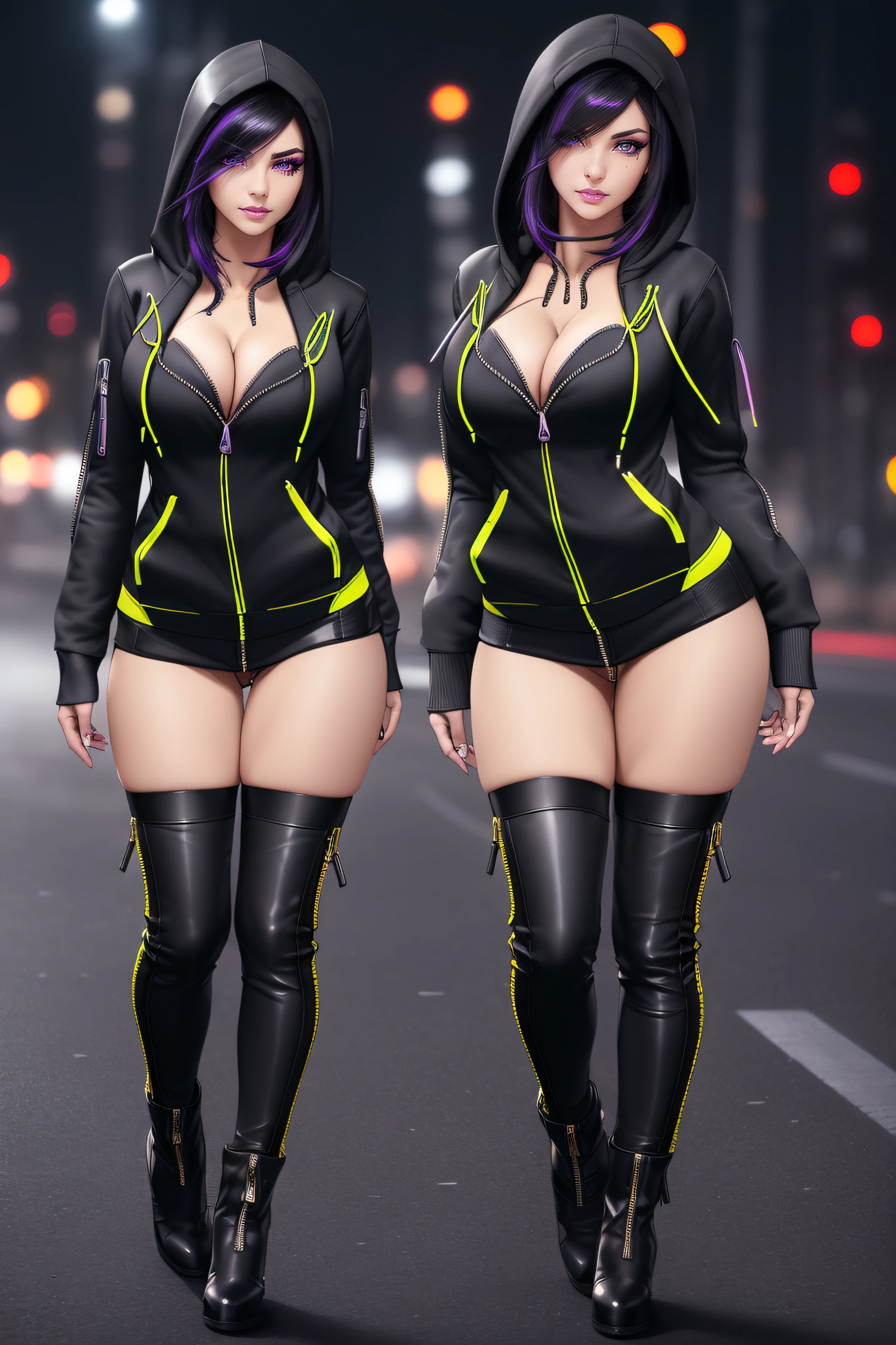 beautiful girl, ((standing:1.4)), (confident gaze:1.1), full body, short bright neon streaked black hair, ((realistic highly detailed eyes:1.4)), ((seductive pose:1.2)), black eyeshadow, (street style wear:1.2), ((hoodie open zip:1.4)), ((cleavage:1.4)),((tight fitted pants)), ((knee high leather boots)), (dark city night black background:1.4), dark makeup, digital art, trending on artstation, highly detailed, fine detail, intricate, detailed facial features, sharp focus, smooth, aesthetic,