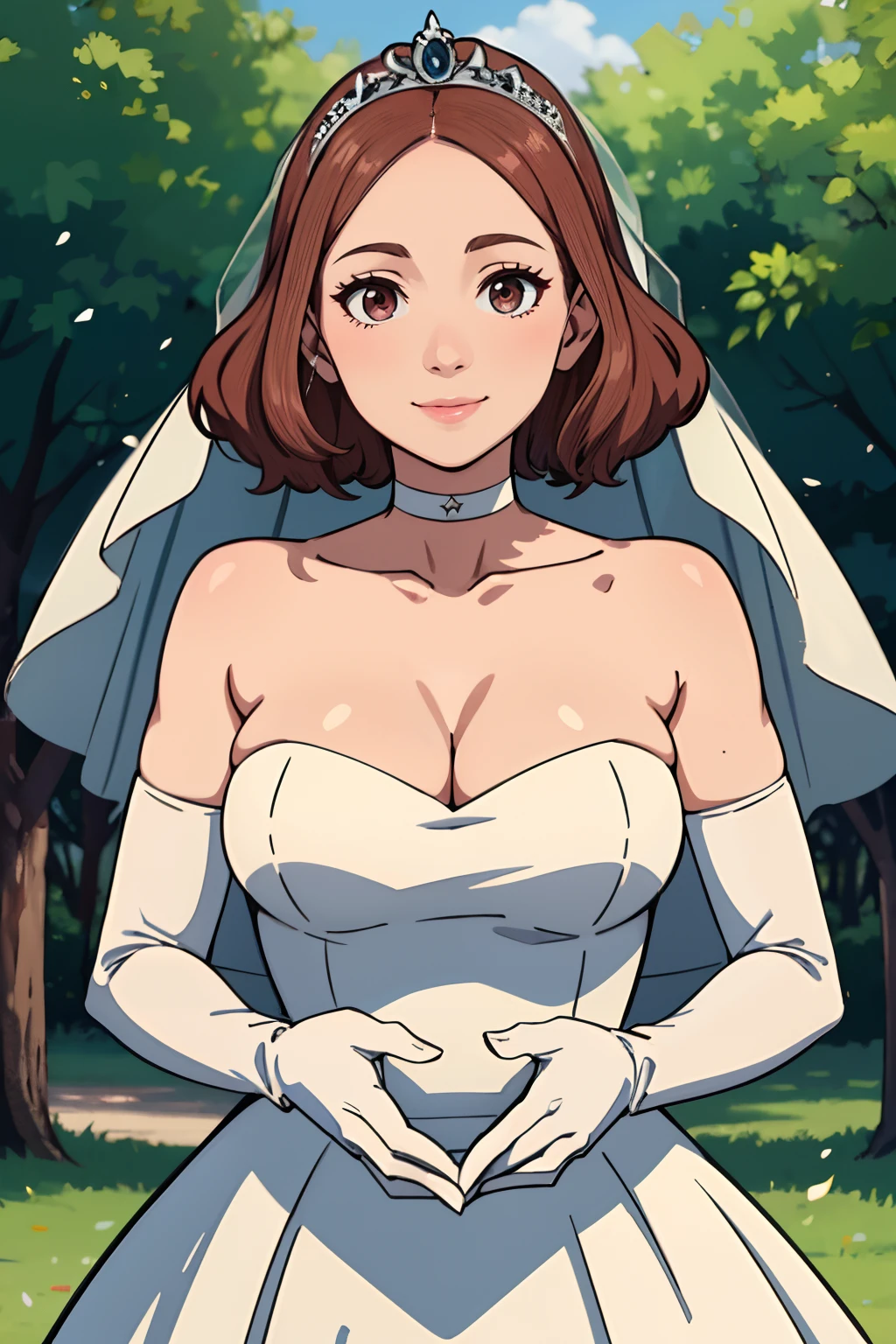 haru okumura, hair between eyes, ahoge, brown hair, star \(symbol\), hair ornament, dress, cleavage, bare shoulders, collarbone, long white elbow gloves, white gloves, white dress, white choker, strapless, tiara, veil, strapless dress, wedding dress, bridal veil, beautiful woman, perfect body, perfect breasts, wearing a wedding dress, ball gown, in the park trees, wedding decorations, a in love smile, realism, masterpiece, textured skin, super detail, high detail, high quality, best quality, 1080p, 16k
