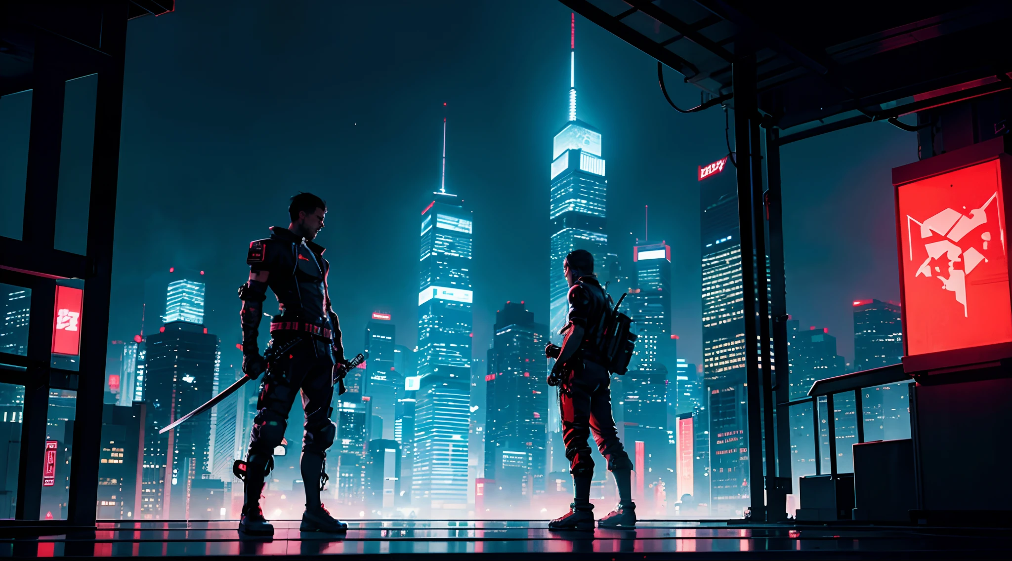2 guys fight with a katana, cyberpunk, roof of a skyscraper in the middle of the night, neon lights, dirty, blood, suffering