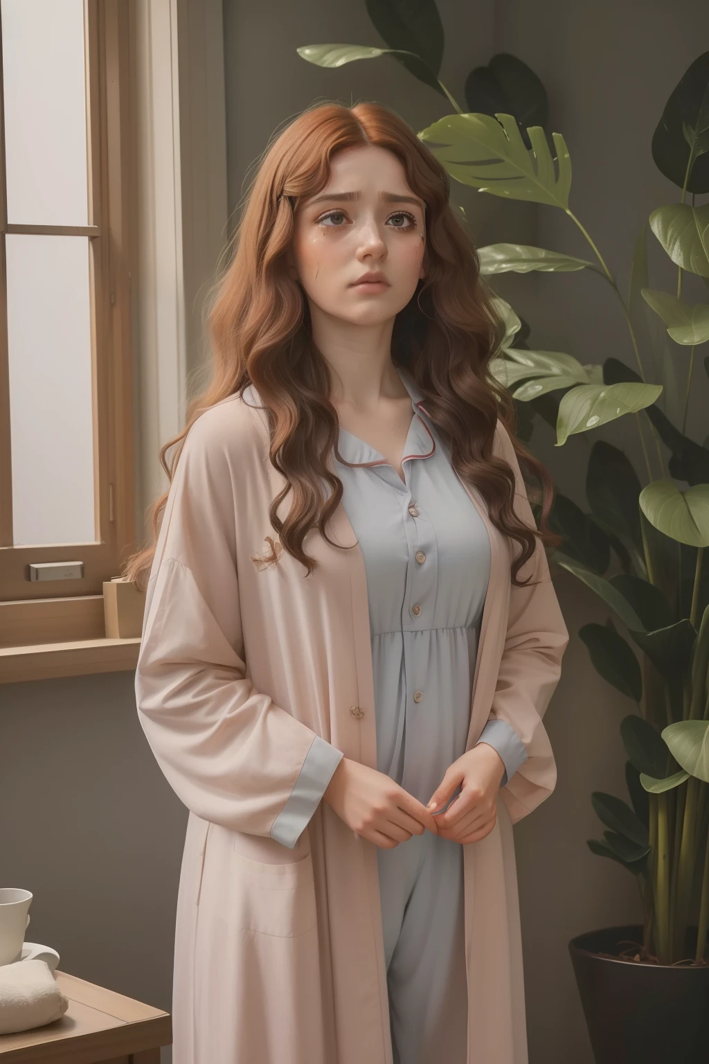 year: 2023. Location: England. Pre-Raphaelite scene with a 30-year-old woman, gray eyes, brown curly hair, hospital pyjammas, sad, crying, big tears, ((((Clothing from the 2020s)))) ((Hairstyle of the 2020s)), ((("OMITB" cinematography)))