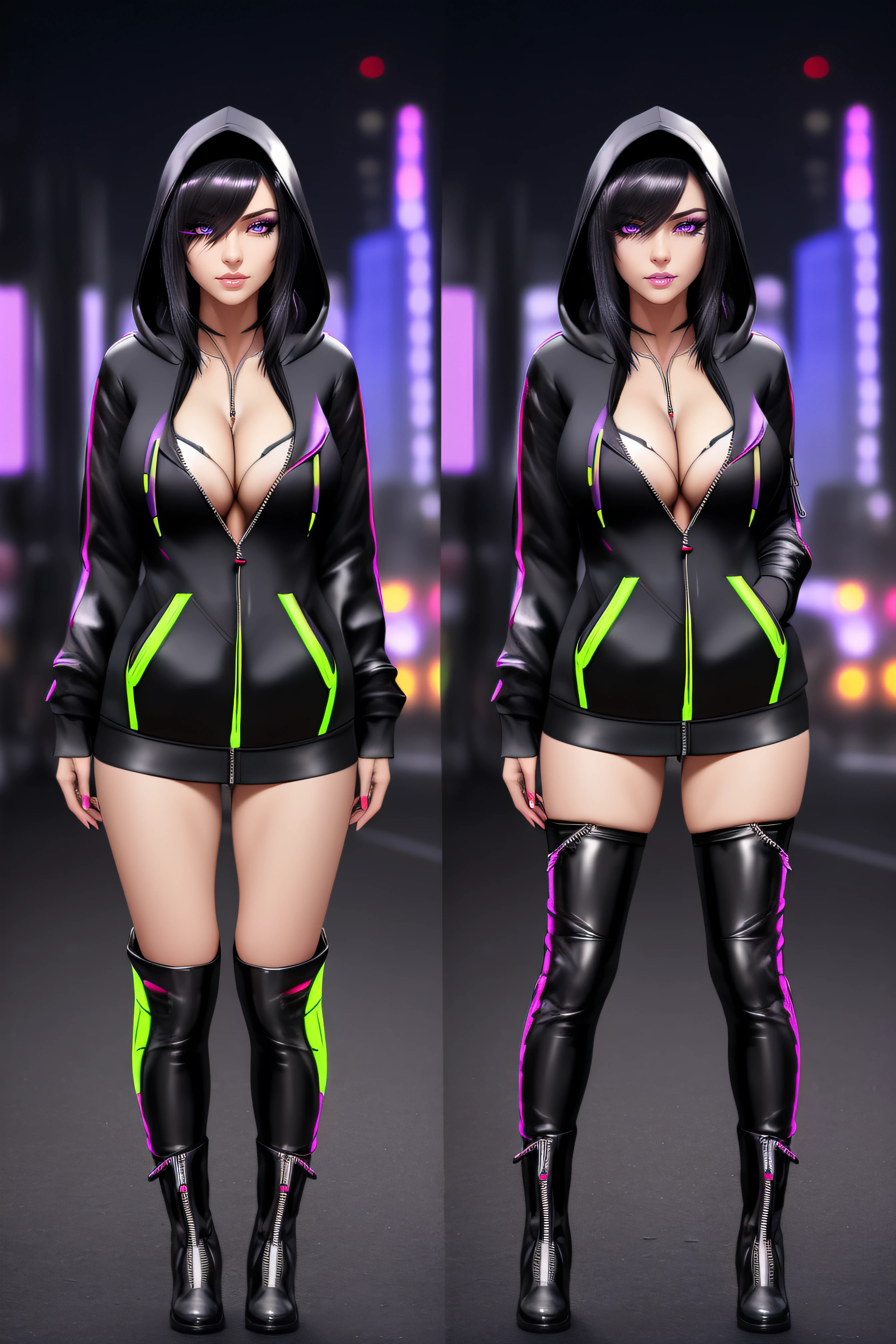 beautiful girl, ((standing:1.4)), (confident gaze:1.1), full body, short bright neon streaked black hair, ((realistic highly detailed eyes:1.4)), ((seductive pose:1.2)), black eyeshadow, (street style wear:1.2), ((hoodie open zip:1.4)), ((cleavage:1.4)),((tight fitted pants)), ((knee high leather boots)), (dark city night black background:1.4), dark makeup, digital art, trending on artstation, highly detailed, fine detail, intricate, detailed facial features, sharp focus, smooth, aesthetic,