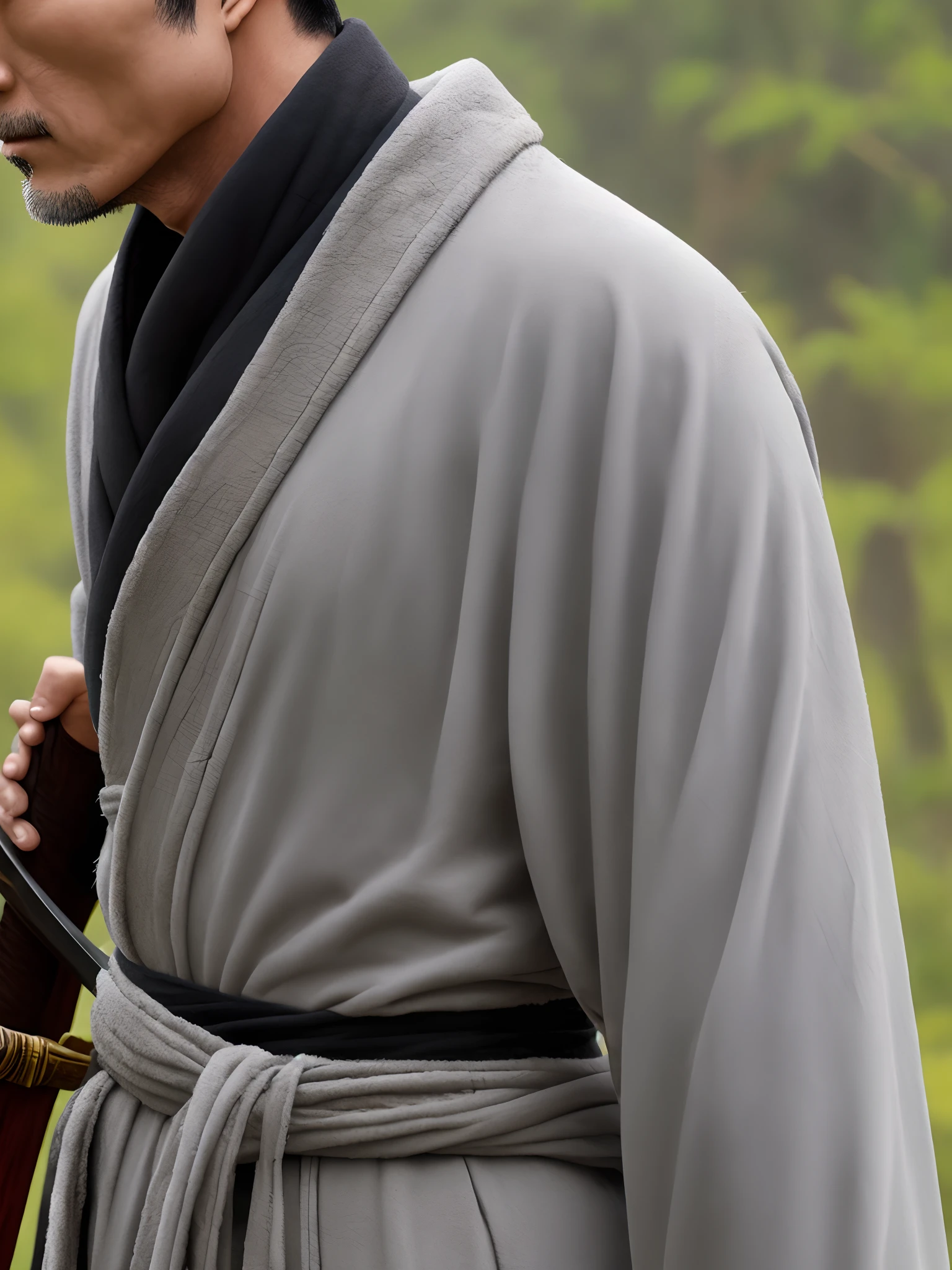 Mature and stable panda swordsman，Wearing a gray robe，Carrying a long sword on his back，close-up all over the body