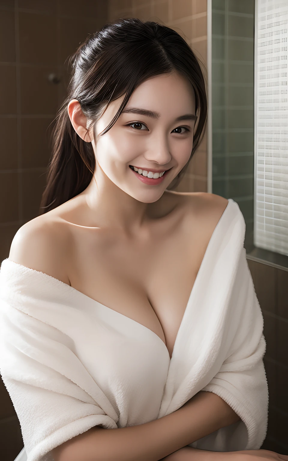 Highly detailed CG Unity 8k wallpaper, With the highest quality, super detailed, master piece, Realistic, photos realistic, extremely detailed cute girl, 25 years old, Smile of shame、blush,, Round eyes, medium breasts, looking viewer, Half body shot , Towel , Bathroom, Sitting ,