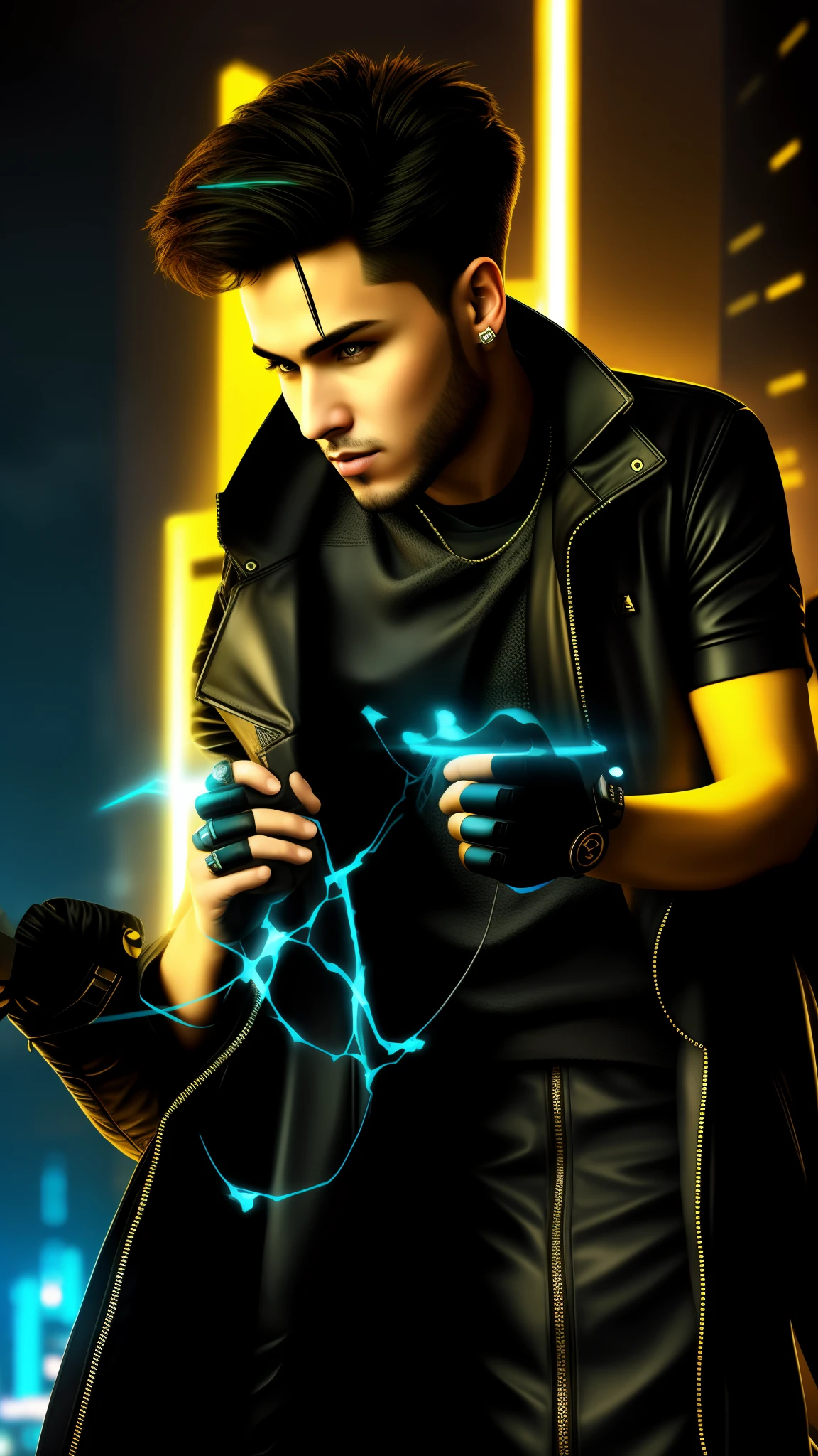 Change background cyberpunk handsome boy, realistic face, 8k, ultra realistic, pikachu