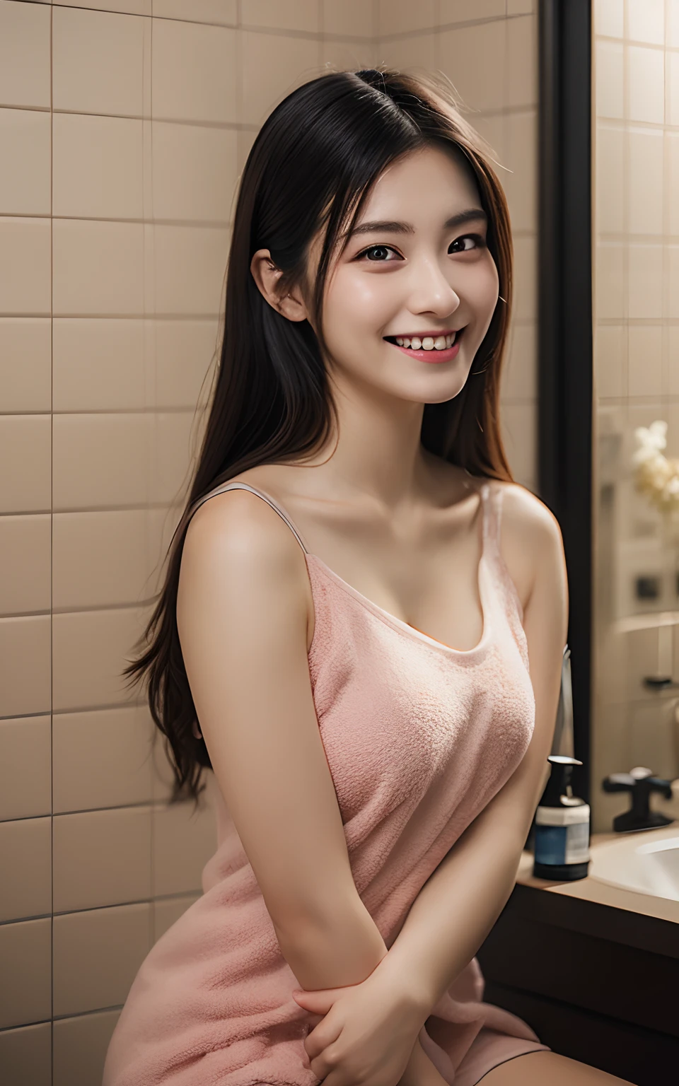 A 20-year-old woman with the cute face of an idol who looks 15 years old.。Gentle and cute。Please smile kindly。She is wearing black underwear and a white bathrobe.　Bust is larger　She is in the kitchen　Raw photo　real　genuine　High definition　real life　No copyright notice