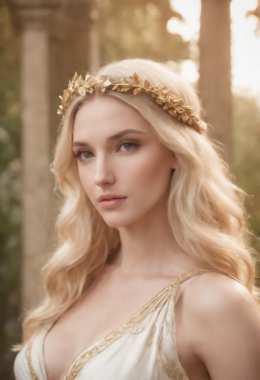 1 greek goddess, blonde, long wavy hair, aphrodite, venus, league of legends style, half body, masterpiece, high quality